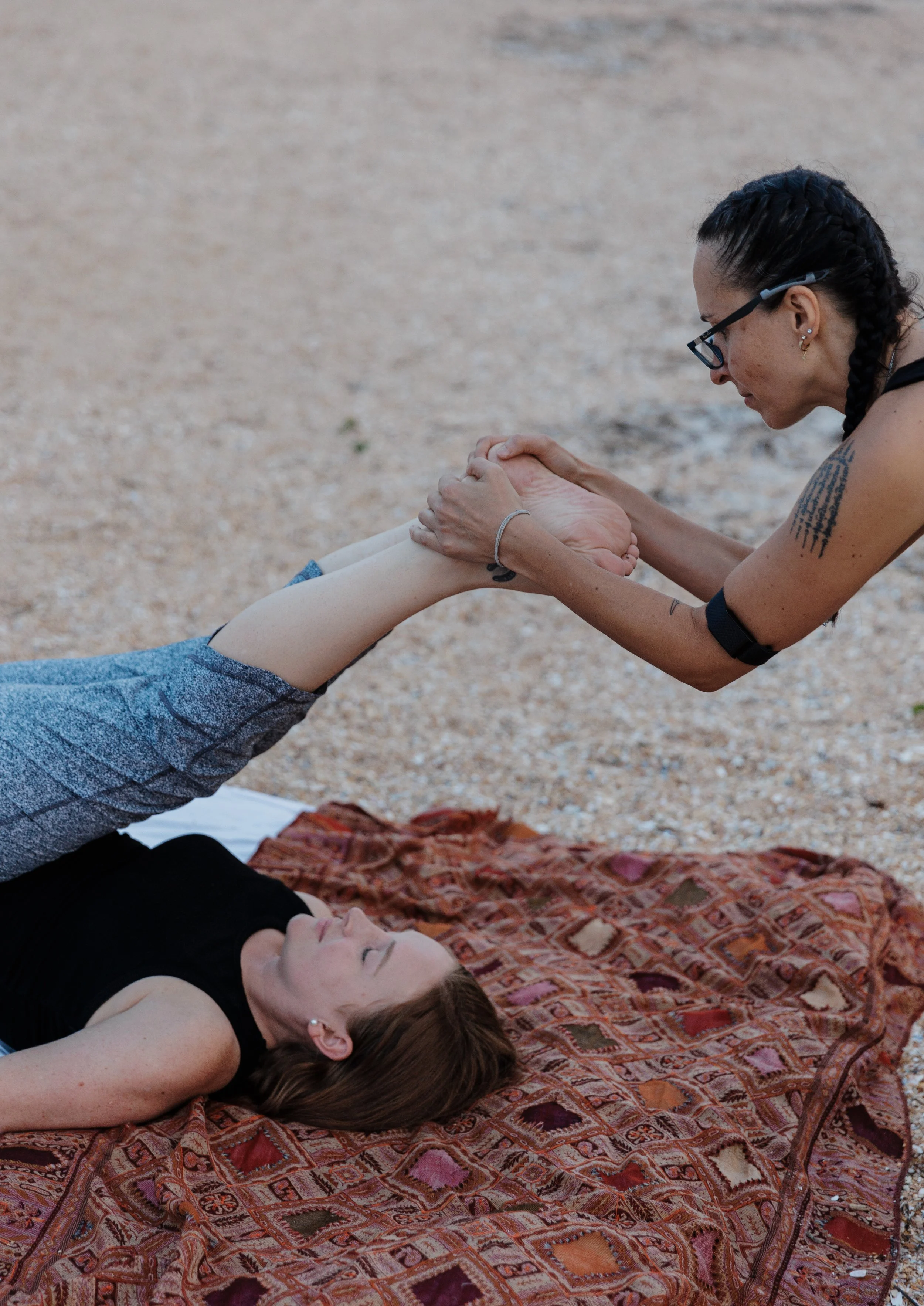 Thai massage assisted stretch improving mobility during bodywork session in St. Johns Florida