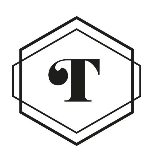 Black letter 'T' inside a geometric hexagon outline.
