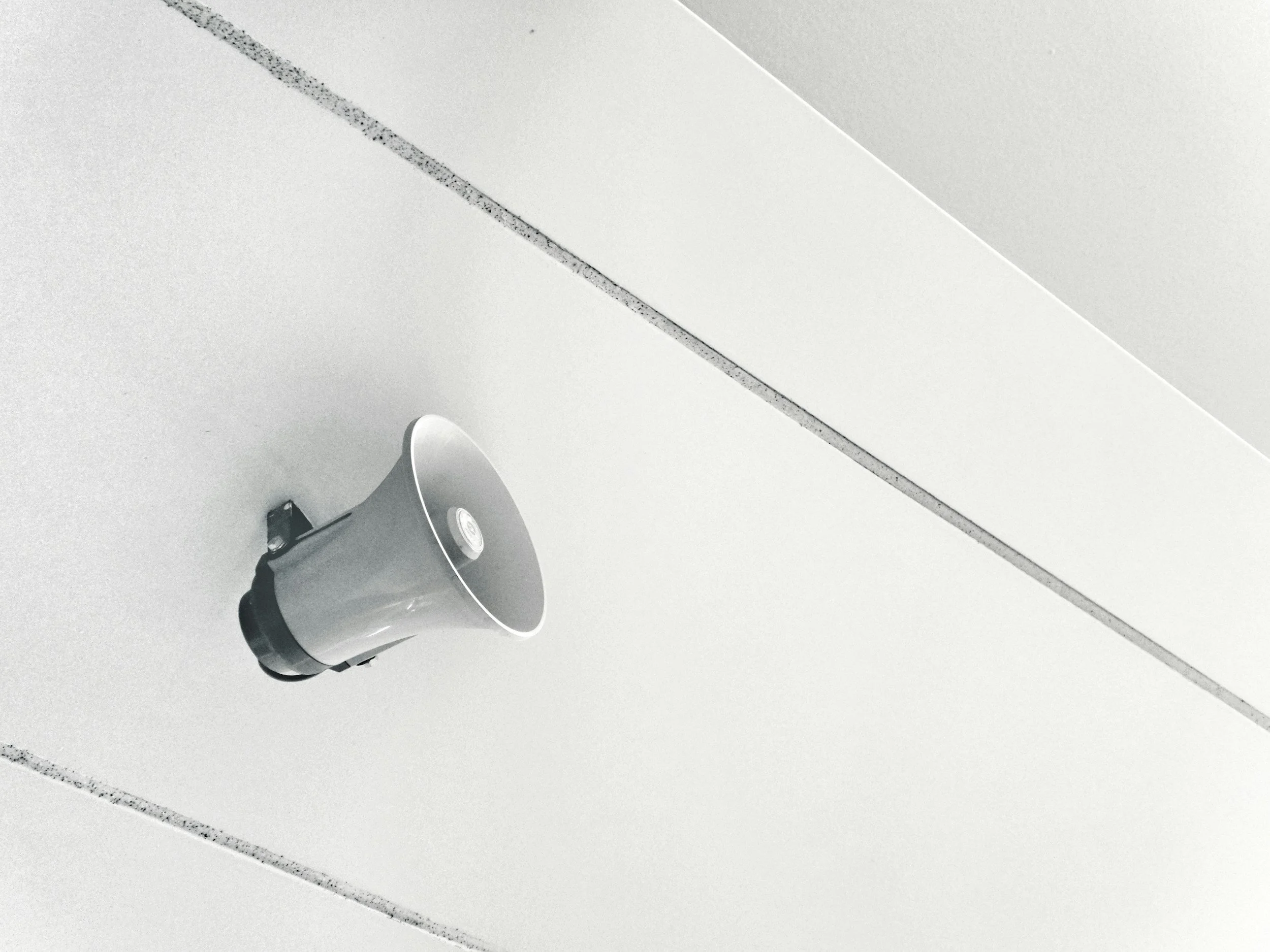 A black and white photo of a ceiling-mounted speaker.