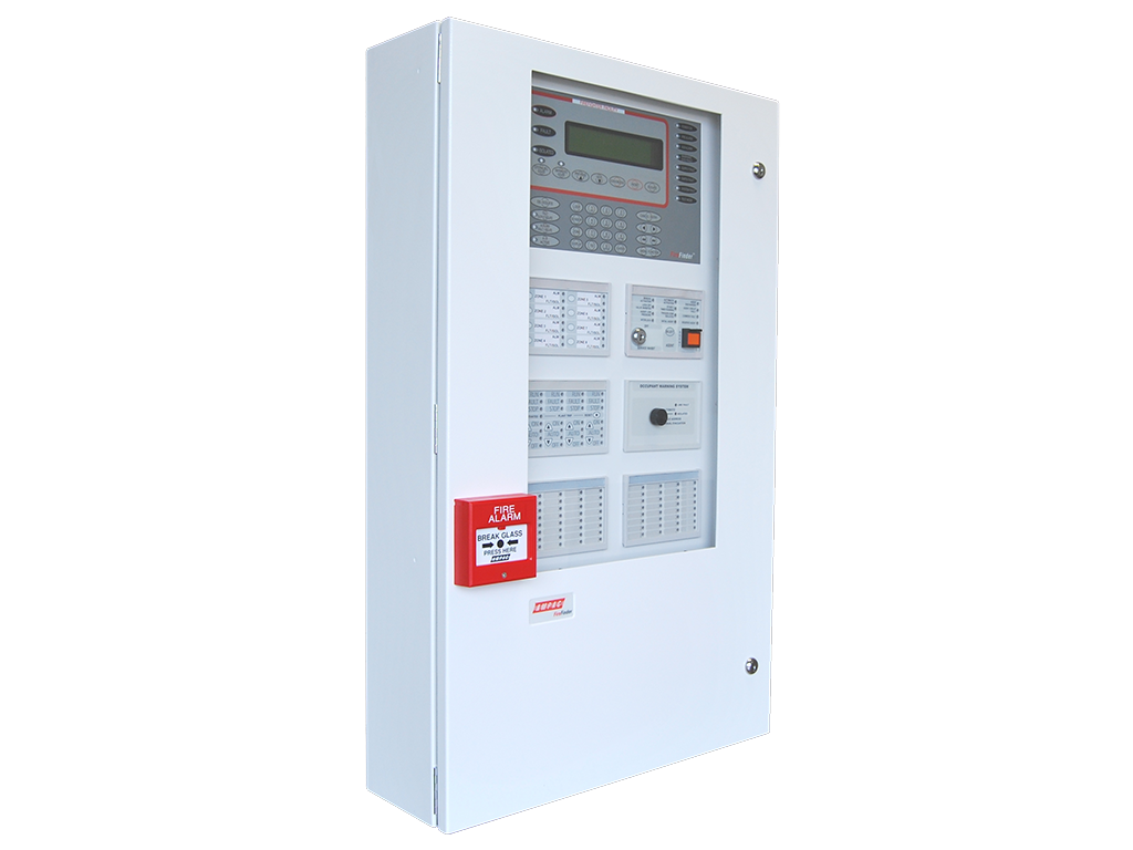 Fire alarm panel and emergency plan in an indoor wall