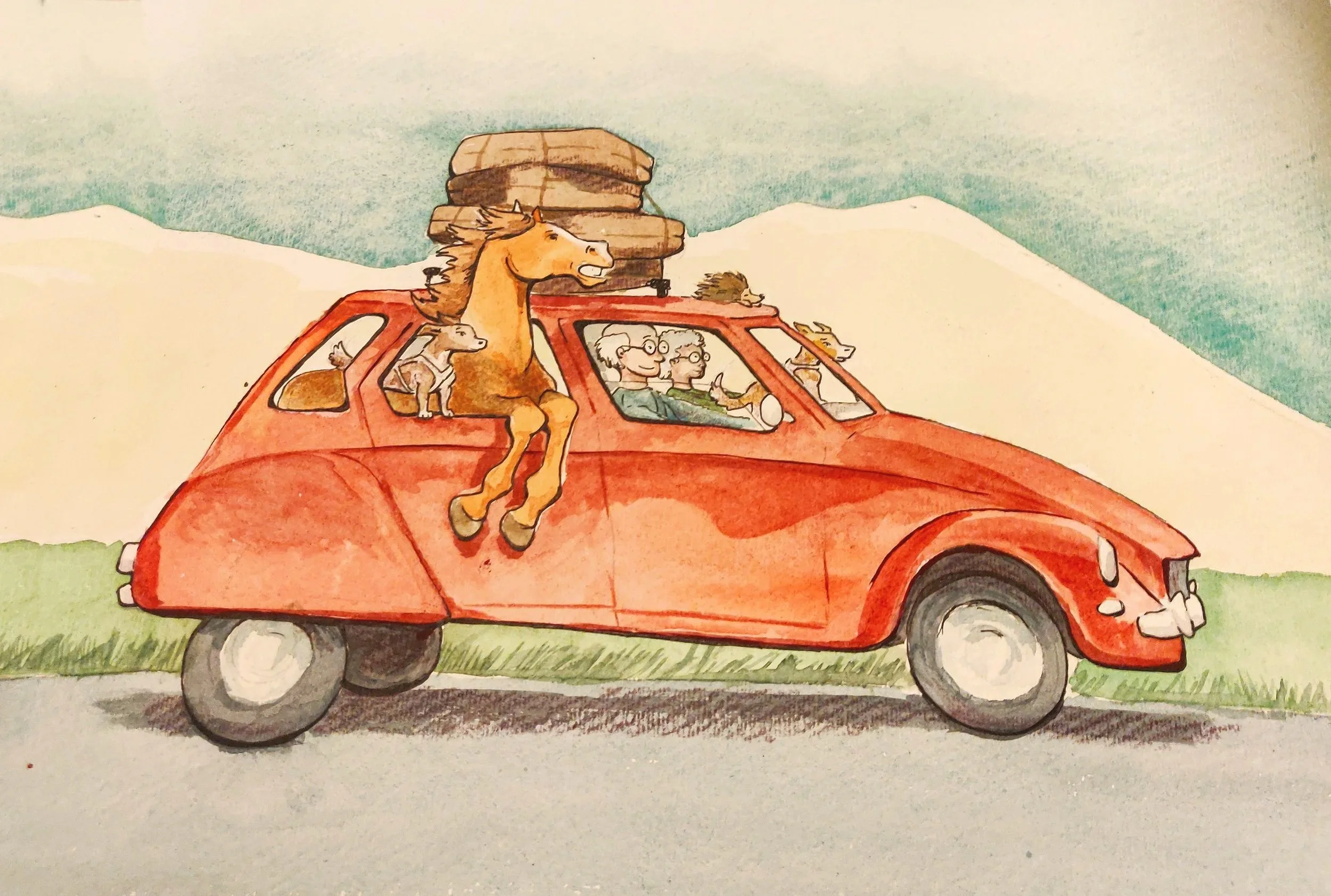 A Christmas present for my grandparents who have had many adventures in their Citroen Dyane. I added in Gemini, Granny's big chestnut horse, their two terriers and a hedgehog to represent their love of wildlife.