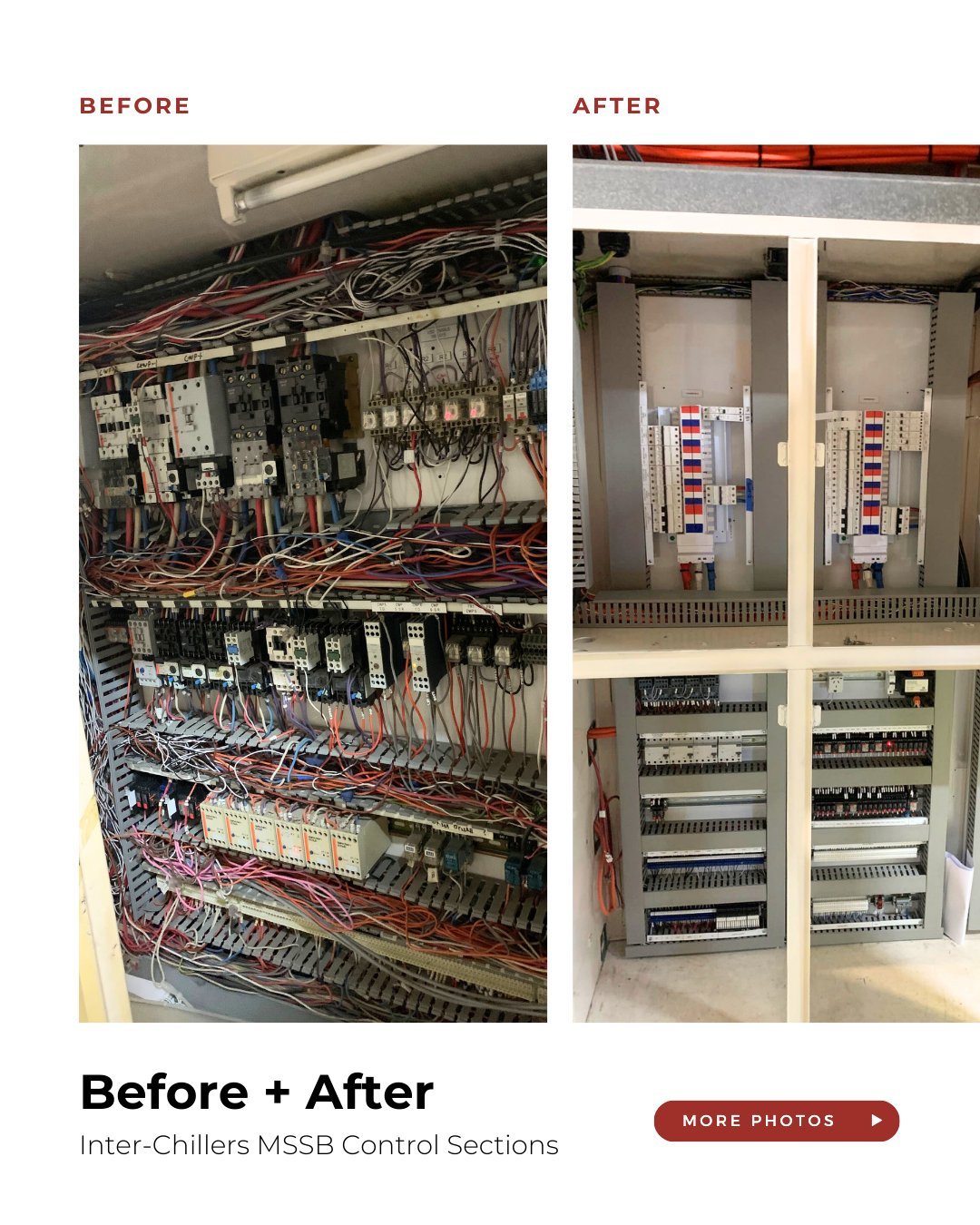 🔧 Before + After | MSSB Control Sections &ndash; Inter-Chillers
Swipe to see the transformation 👉

🛠️ Before: The original MSSB was overloaded with years of modifications and redundant components, and no longer met modern compliance standards.

⚡️