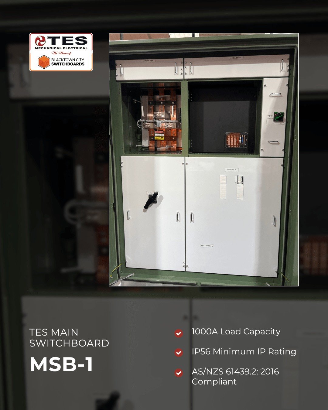 🔌 TES Main Switchboard: MSB-1
Precision-built to meet the highest standards in performance, protection, and compliance.

Key Features:
✔️ 1000A load capacity
✔️ IP56 minimum environmental rating
✔️ Enclosure options: Mild Steel, Stainless Steel, or 