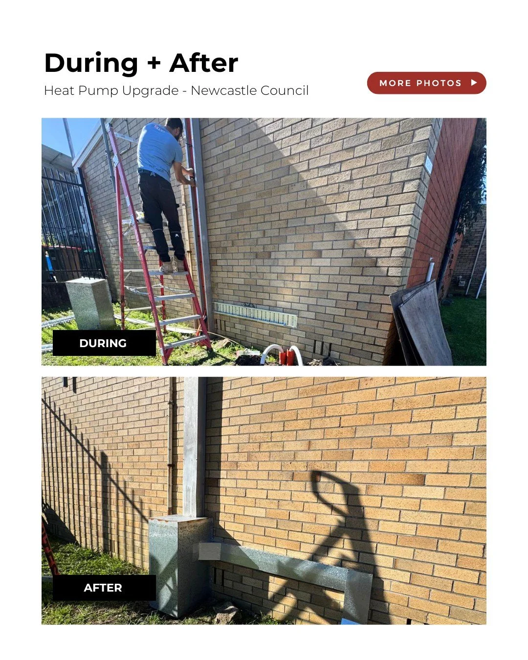 DURING + AFTER ⚡

Heat Pump Upgrade &ndash; Newcastle Council

From demolition to commissioning, our team delivered a full heat pump upgrade to improve performance and reliability for Newcastle Council facilities.

✅Removal of outdated heat pumps, ma