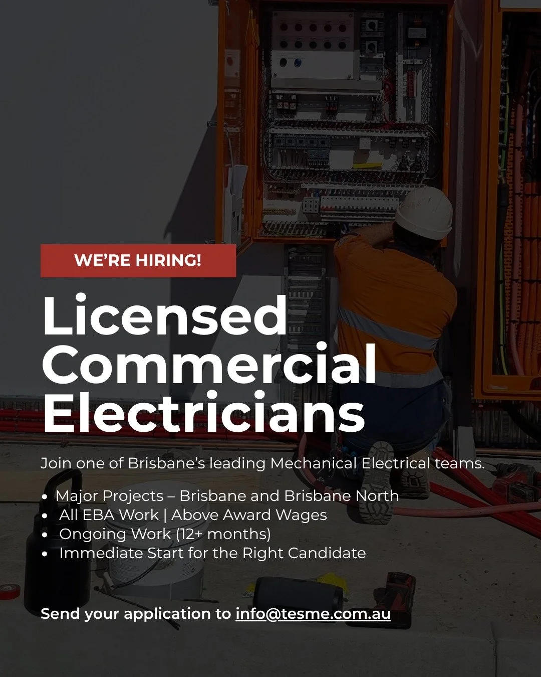 WE'RE HIRING! ⚡
TES is seeking Licensed Commercial Electricians to join our growing team on major projects across Brisbane and Brisbane North.

If you have experience with:
🔹 Cable containment and tray installation
🔹 Wiring motors, VSDs, controls, 