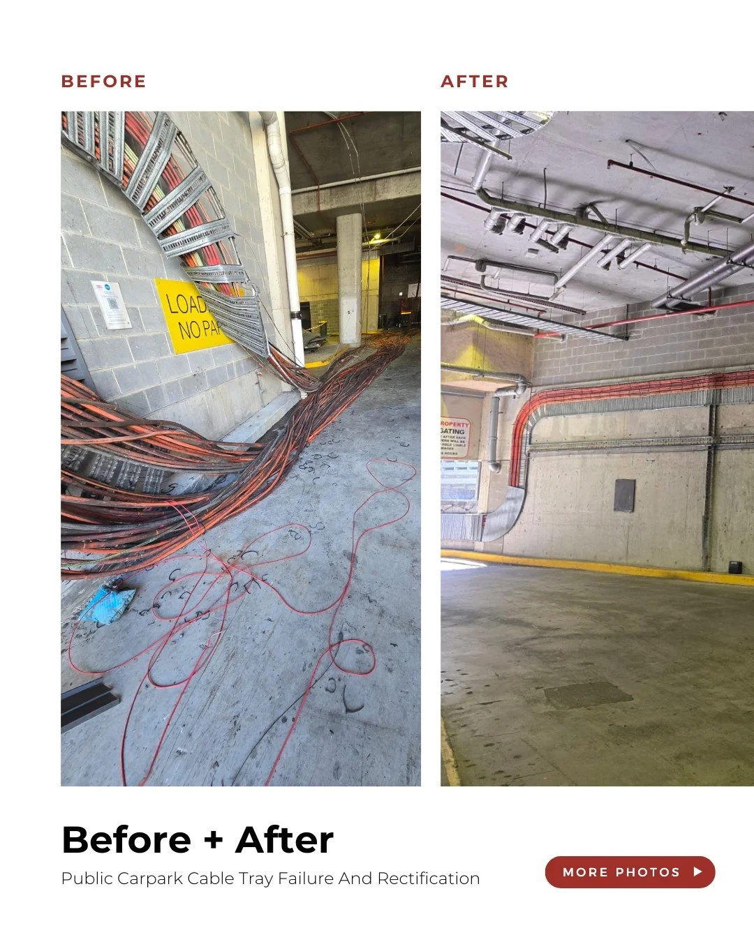 BEFORE + AFTER ⚡
Public Carpark Cable Tray Failure Rectification

When a truck clipped a supporting bracket, the entire cable tray system came down in the loading dock area. Luckily, no one was injured, but it left a major hazard that needed urgent r