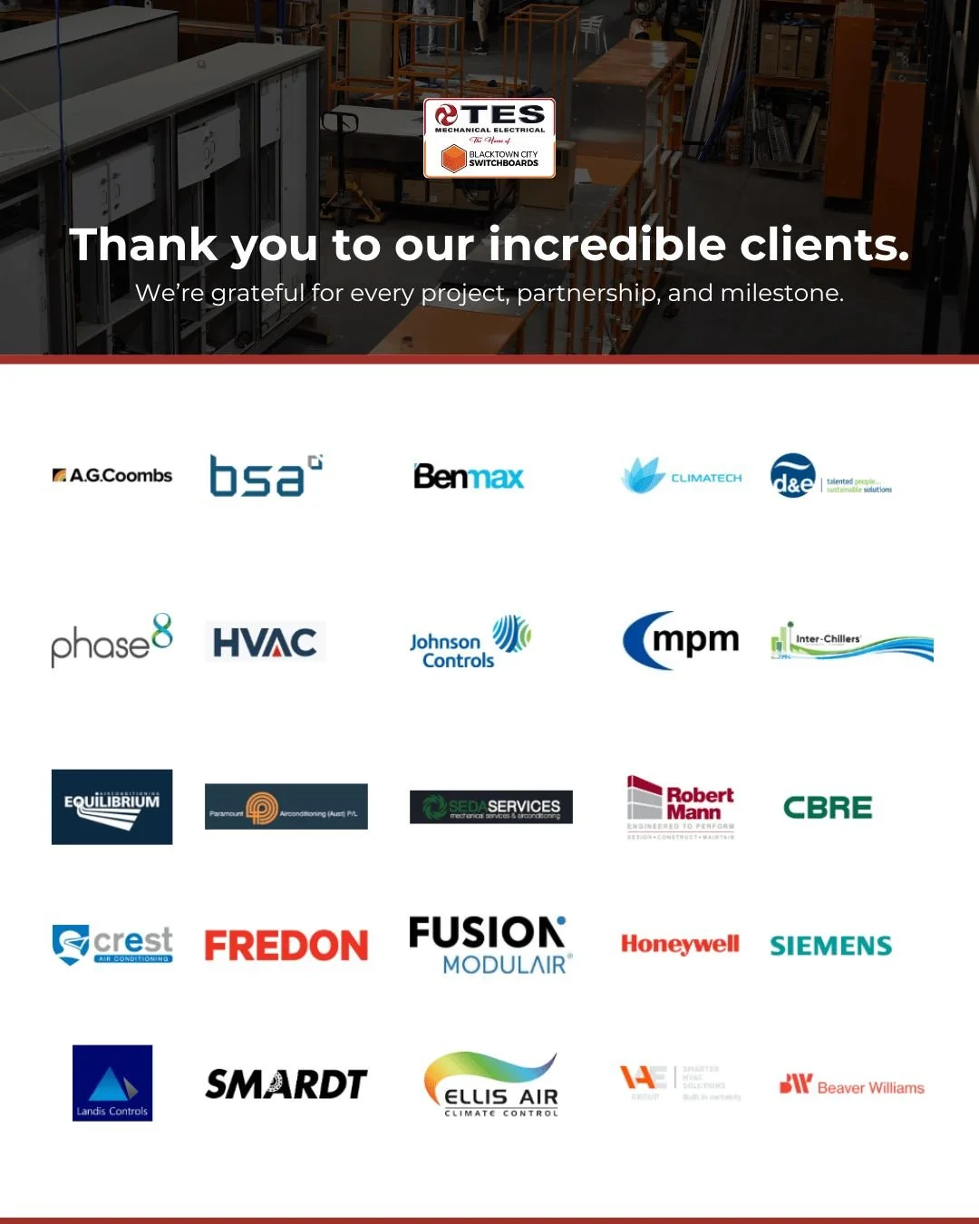 Thank you to the brands that trust TES 🤝

We&rsquo;re proud to support some of Australia&rsquo;s leading companies across mechanical, electrical, HVAC, and building services.

From major infrastructure upgrades to specialised switchboard solutions, 