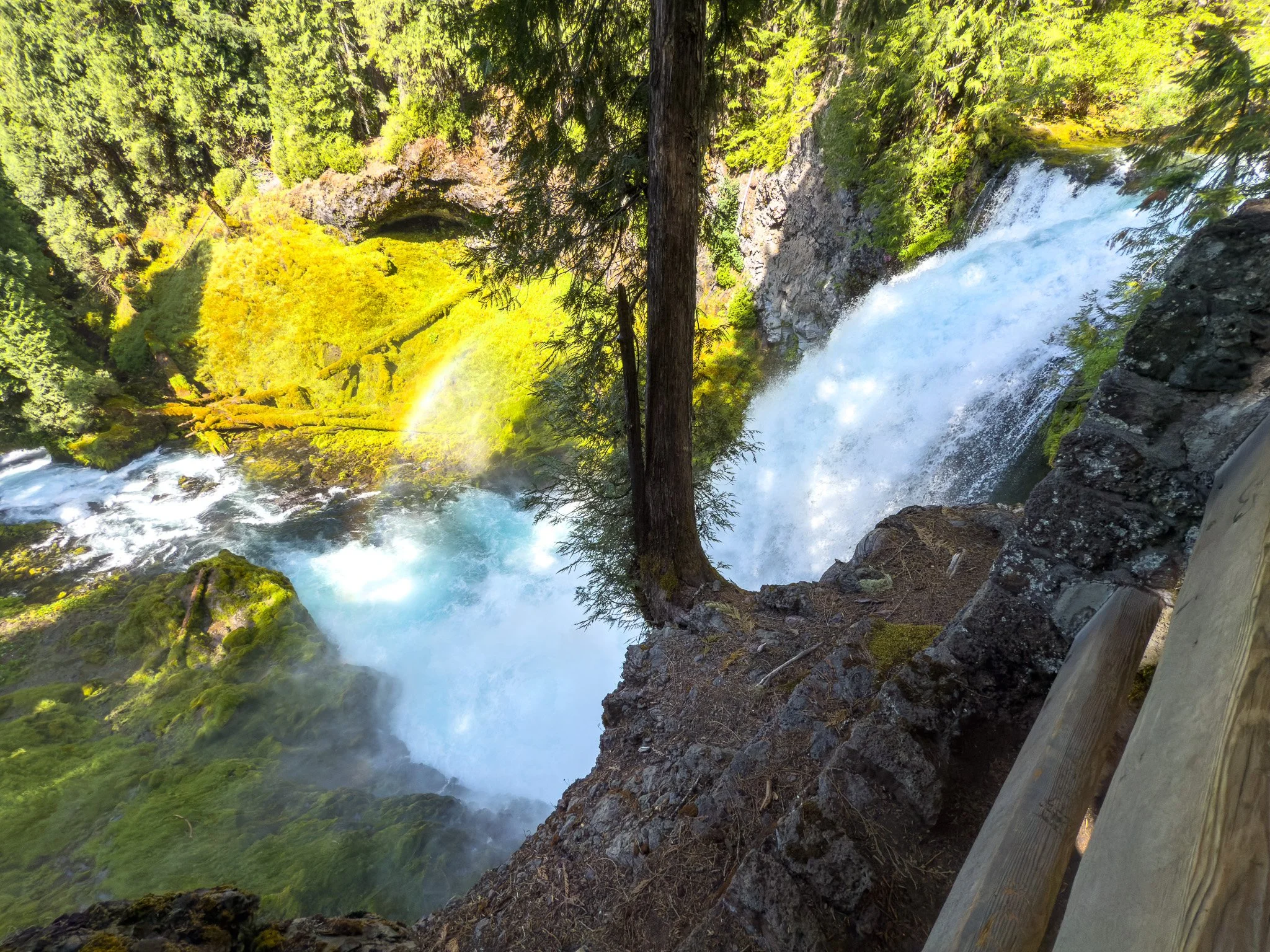 Looking down from the upper viewpoint at Sahalie Falls as it crashes over the rocky edge, with mist rising and a faint rainbow forming in the spray.