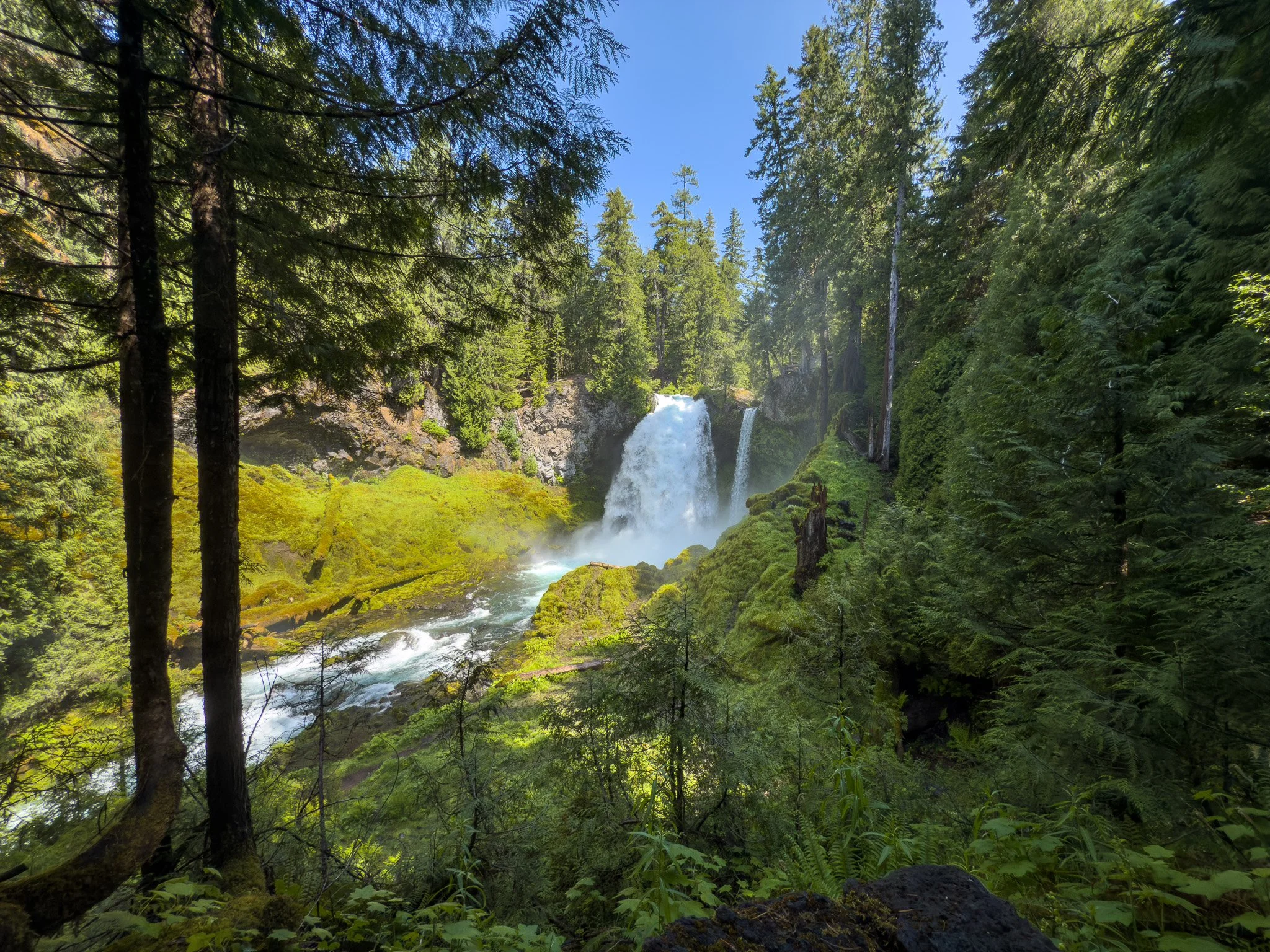 View of Sahalie Falls plunging over a mossy cliff into a vibrant green canyon, surrounded by dense forest under a clear blue sky.