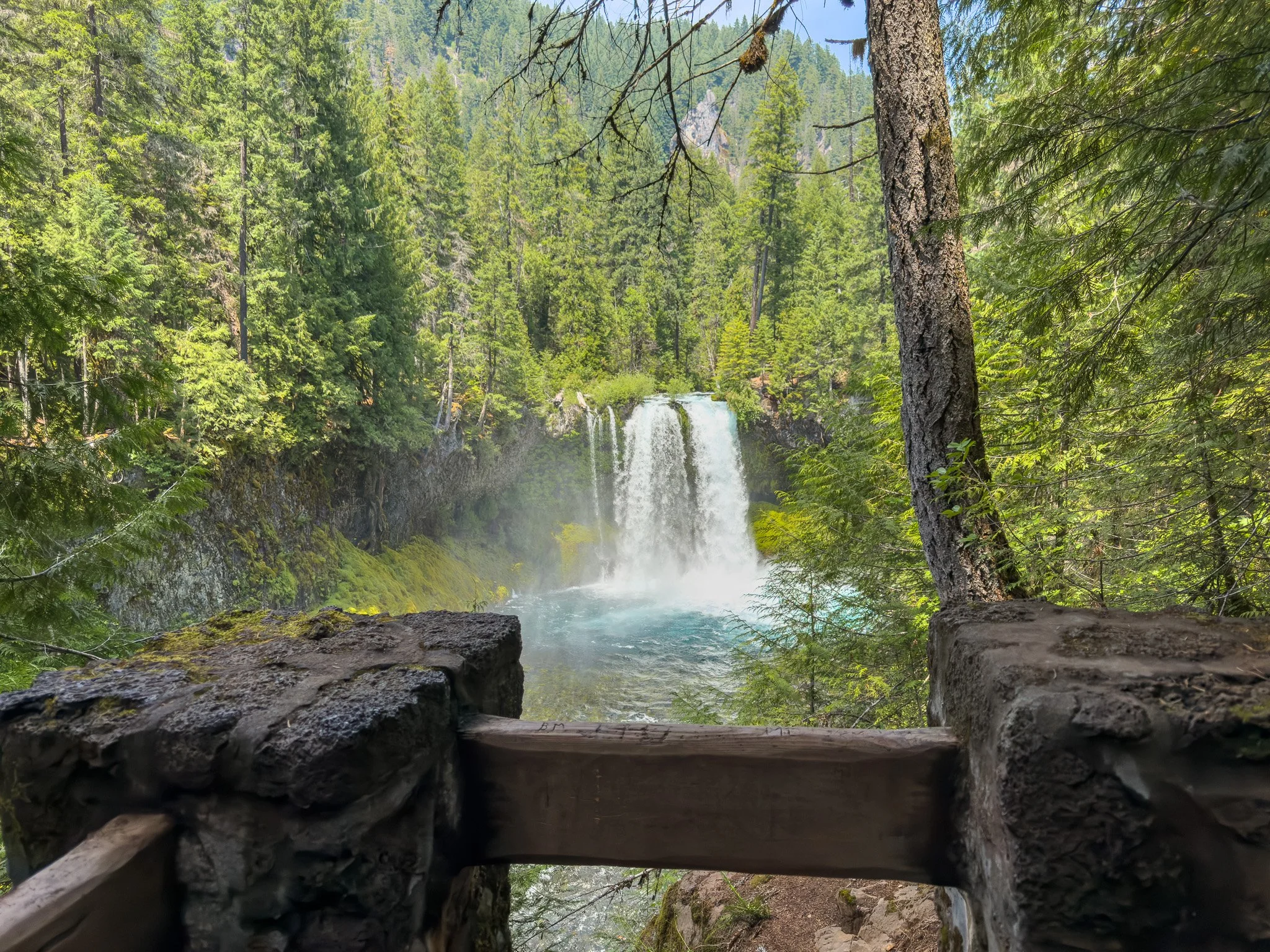 View of Koosah Falls from a secondary stone and wood viewpoint, with the waterfall pouring into a deep turquoise pool surrounded by dense forest.