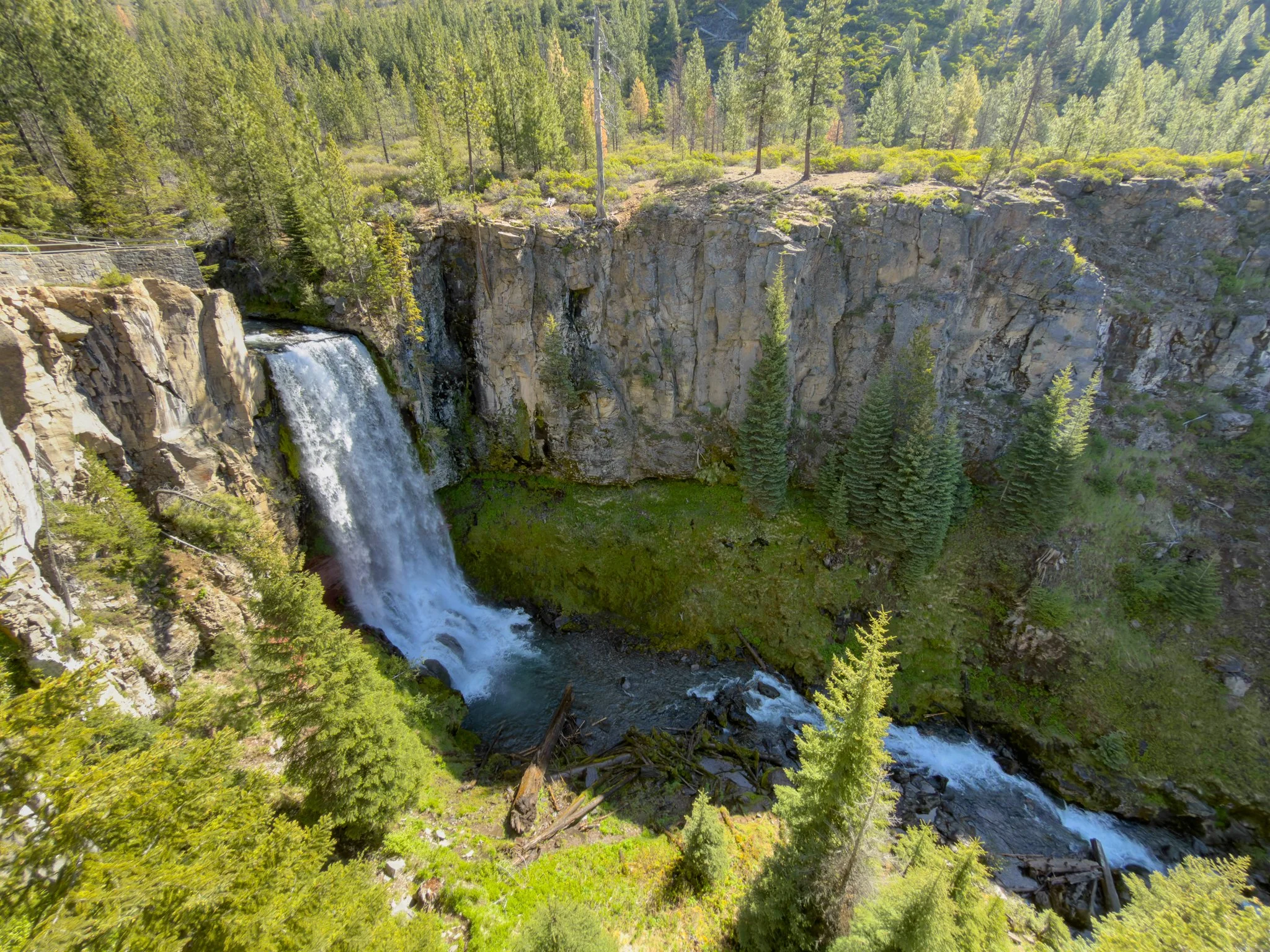 Main lower viewpoint overlooking Tumalo Falls, with the waterfall cascading over a tall basalt cliff and surrounded by evergreen trees beneath a clear blue sky.