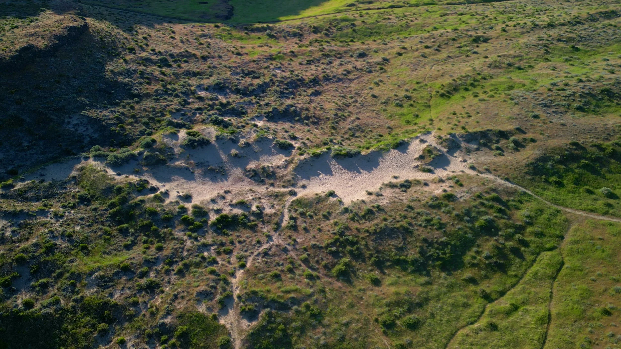 Aerial view of small sandy dunes nestled among green shrubby hillsides near Twin Sisters Rock, Washington.