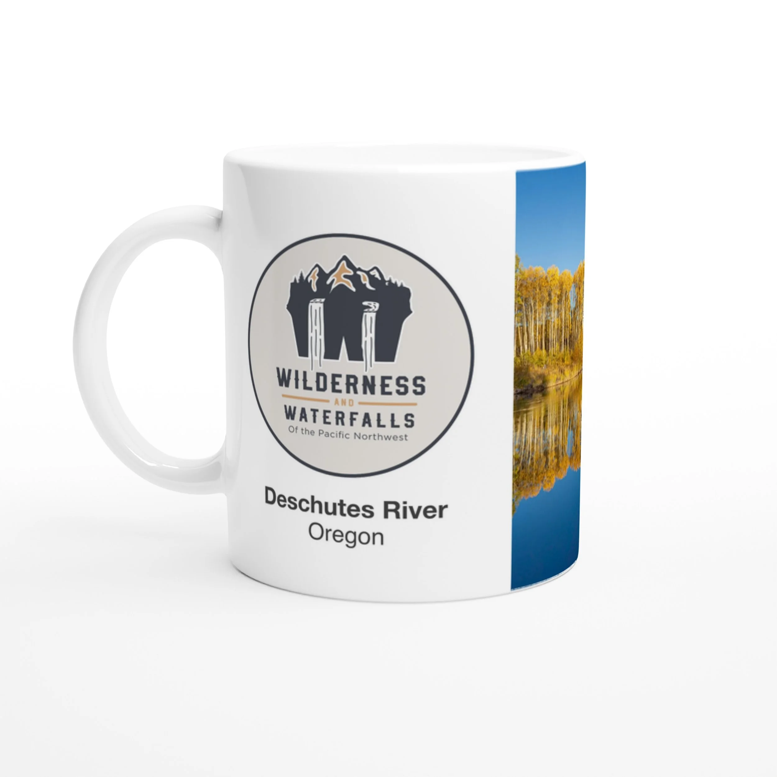 Logo side of the white Deschutes River, Oregon ceramic mug on a white background.