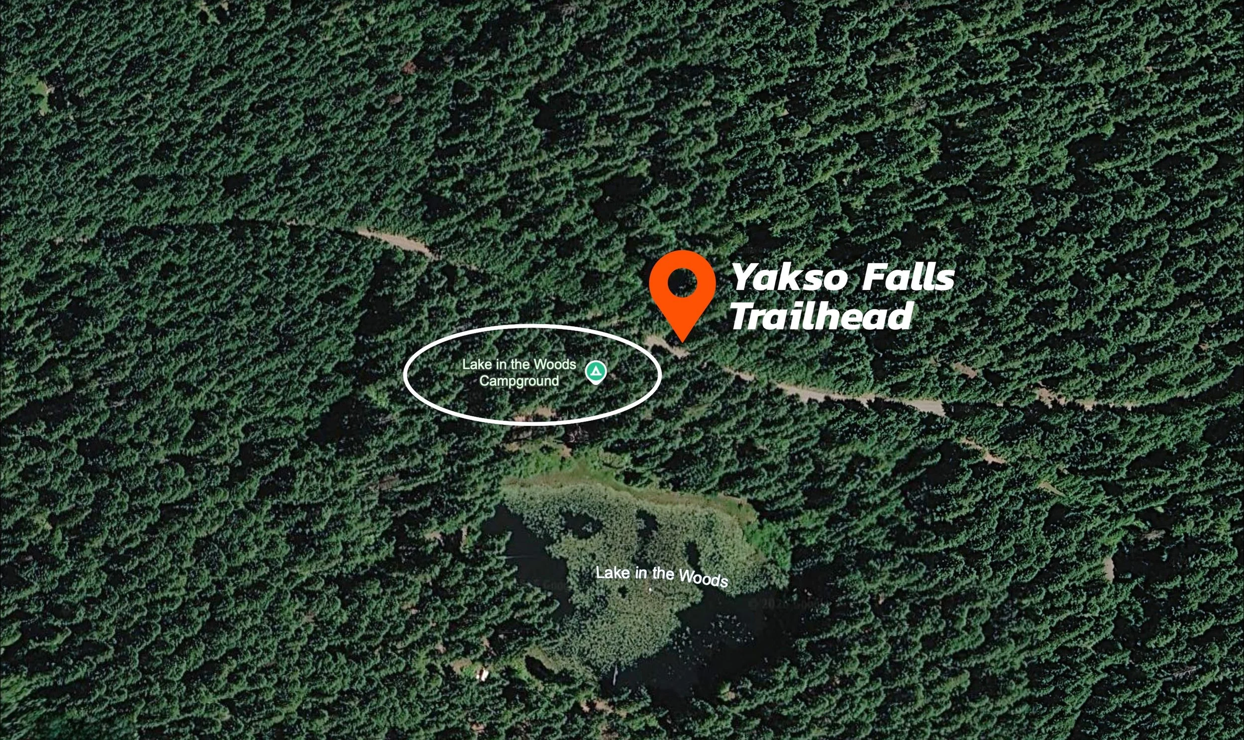 Satellite map showing the Yakso Falls trailhead location near Lake in the Woods Campground in Oregon, with the campground circled and the trailhead marked by a pin.
