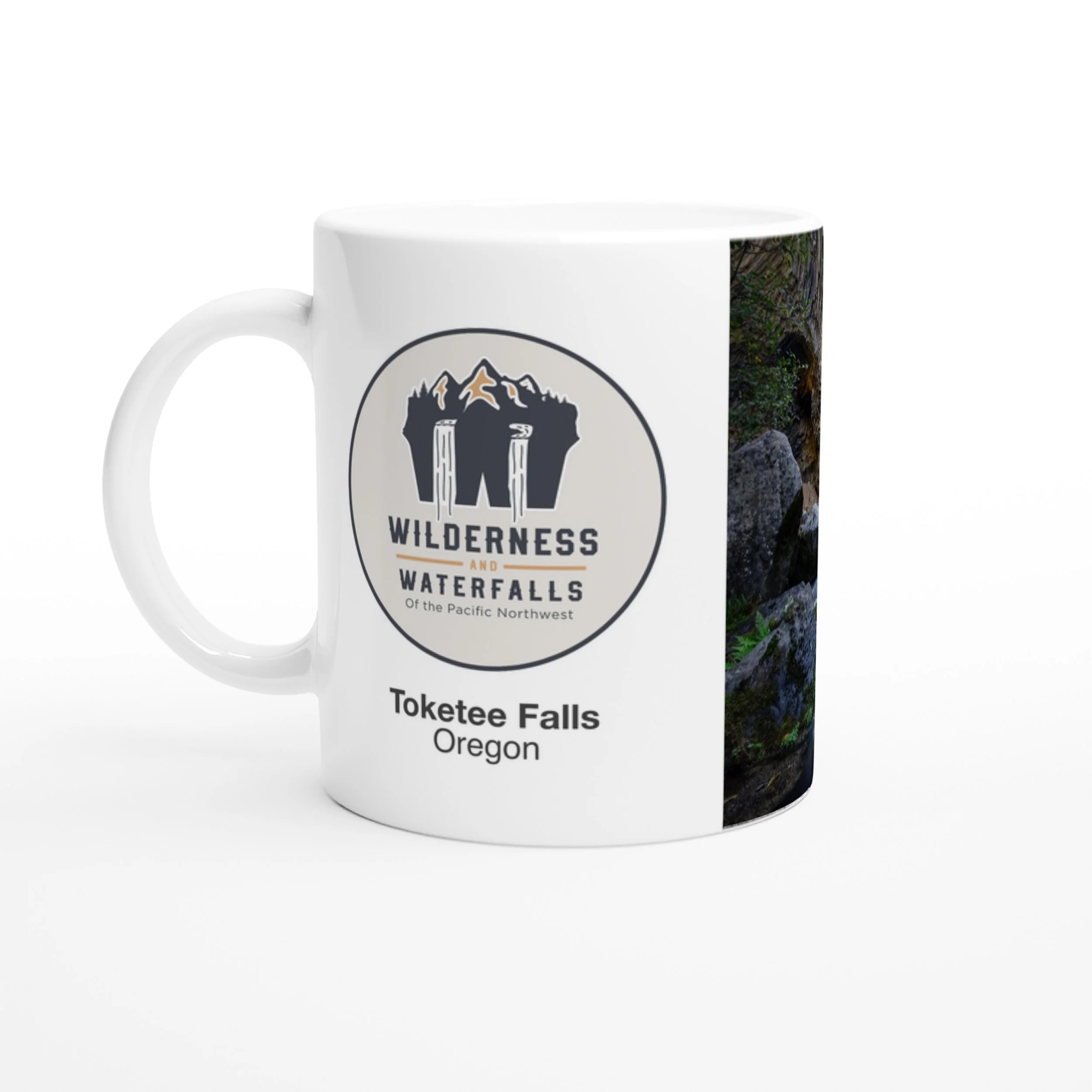 Logo side of the white Toketee Falls, Oregon ceramic mug on a white background.