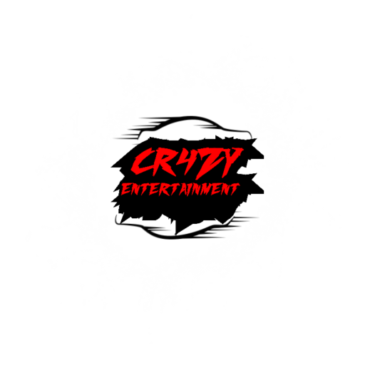 Logo with the words 'CRUDE ENTERTAINMENT' in red and black, surrounded by a splattered white paint background on black.