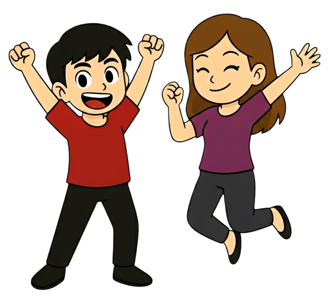 A boy and a girl are jumping with their arms raised, smiling and expressing happiness.