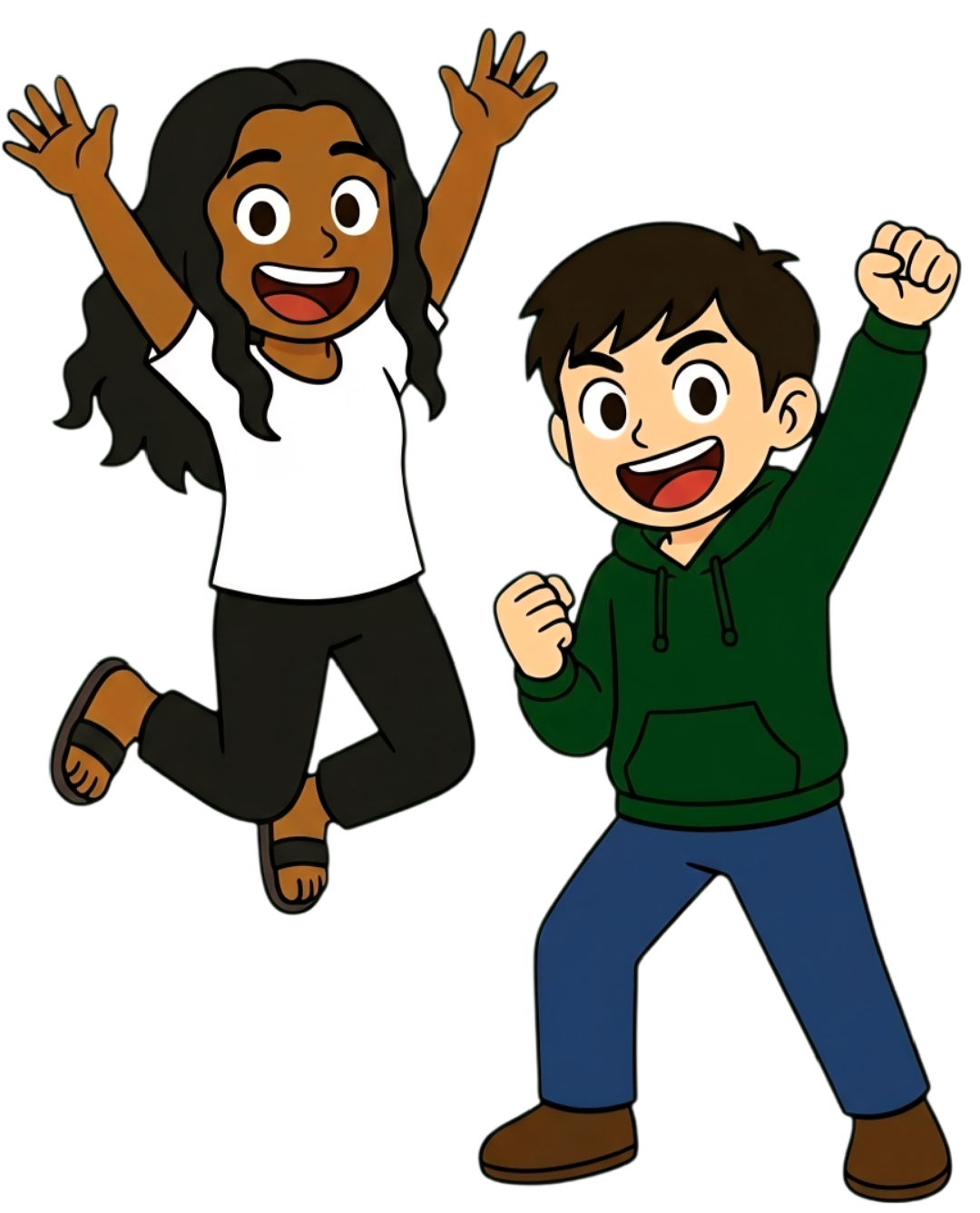Cartoon illustration of a joyful girl with dark curly hair, wearing a white shirt and black pants, jumping with arms raised, and a happy boy with brown hair, wearing a green hoodie and blue pants, raising a fist in celebration.