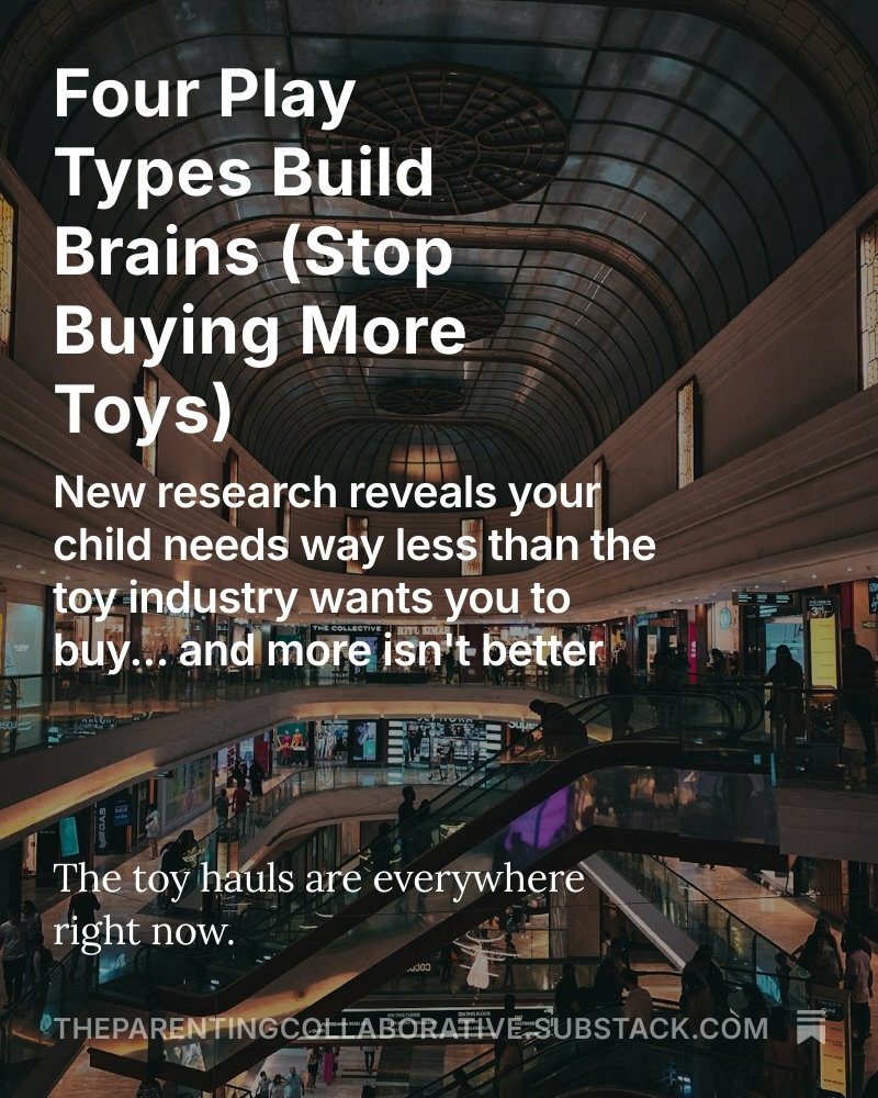 Two articles dropped this week because the holiday noise needed counter programming.

First: the four play environment types that actually build brains. Most kids are drowning in one or two types on repeat while missing the others entirely. The toy i