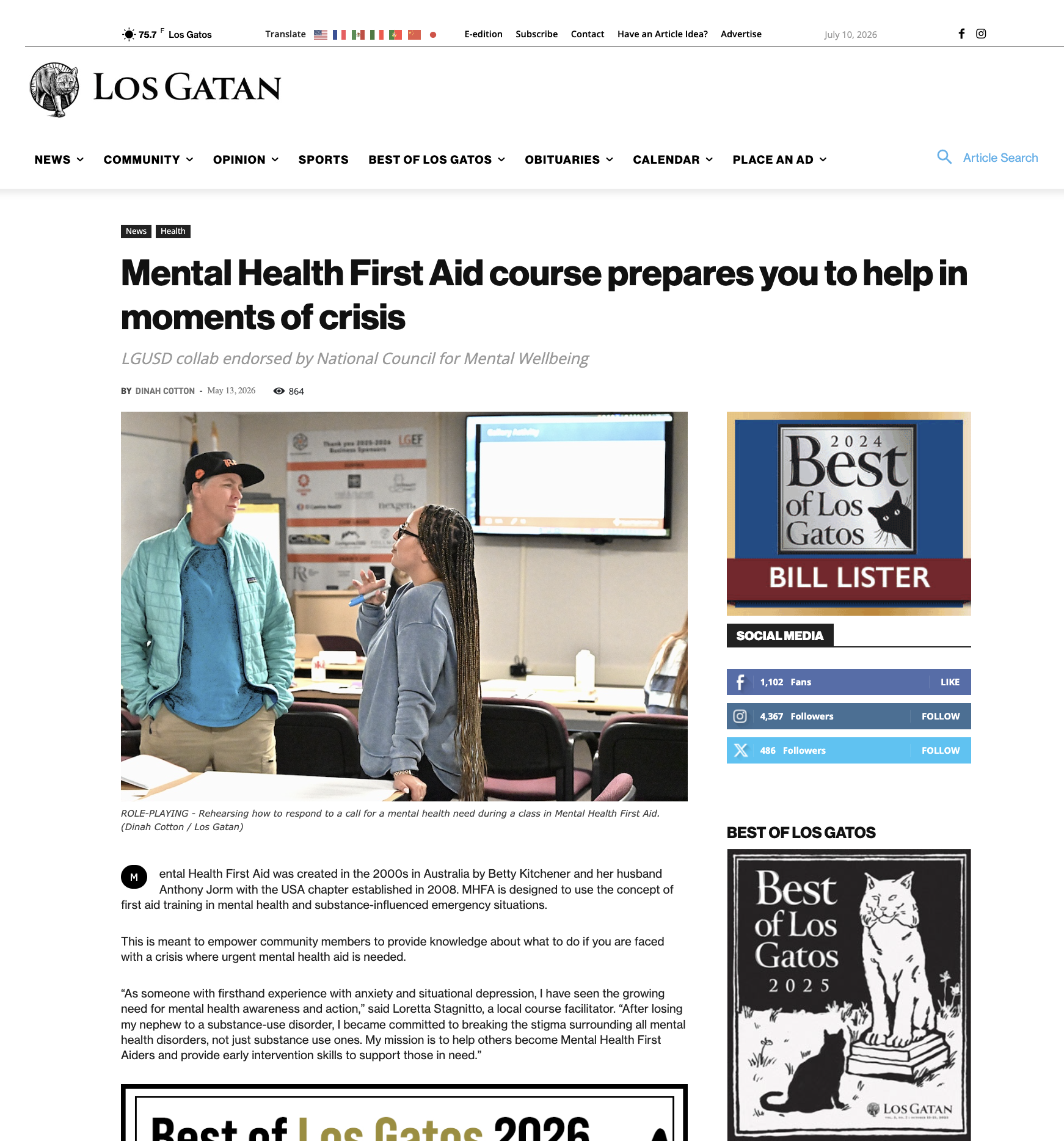 Read the Los Gatan Story "Mental Health First Aid course prepares you to help in moments of crisis"