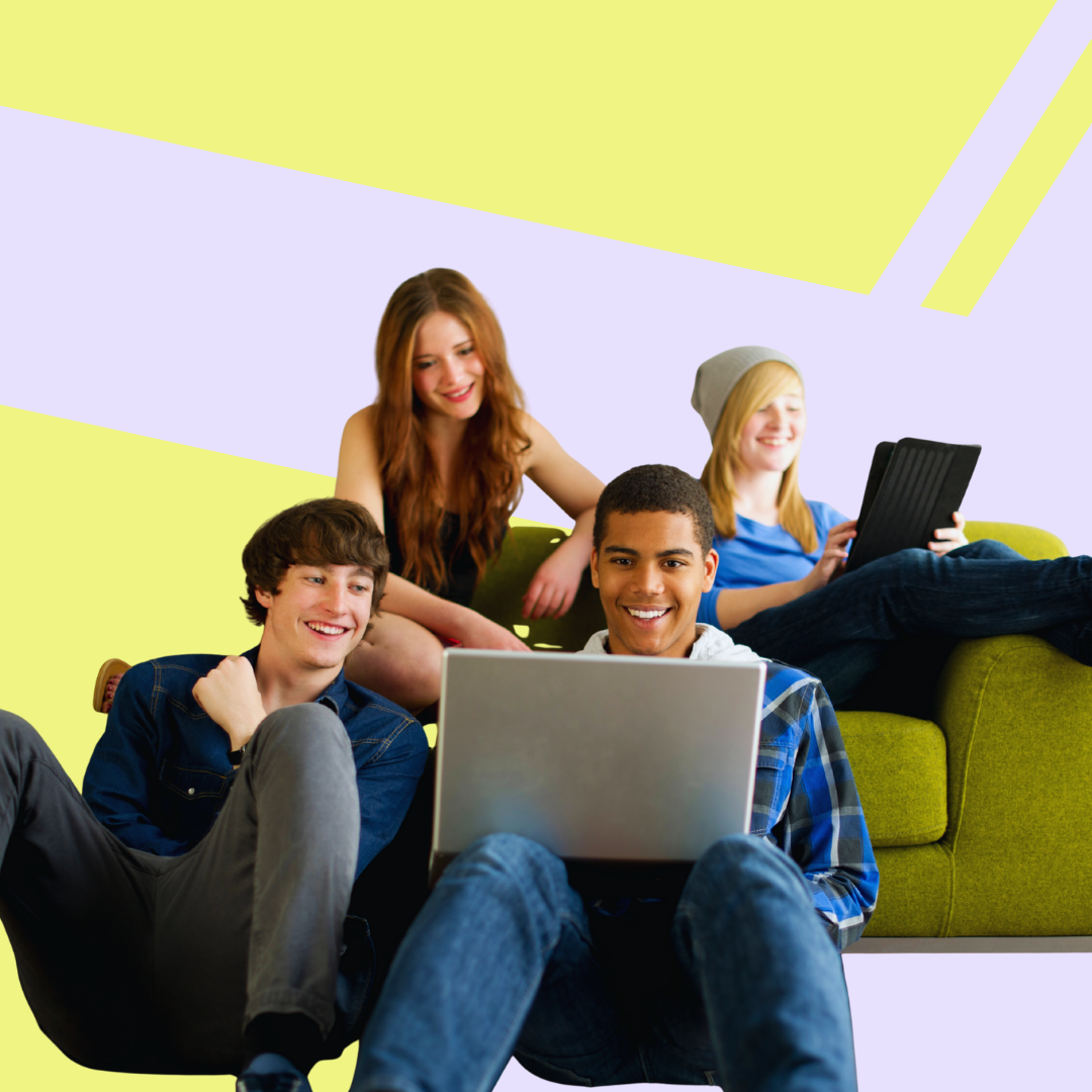Group of four young friends hanging out indoors, using laptops and tablets, sitting on a lime green sofa with a colorful abstract background.