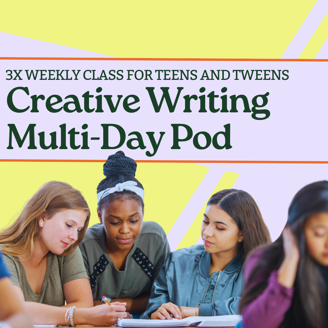 Poster advertising a creative writing class for teens and tweens, featuring a group of four girls engaged in writing and reading.