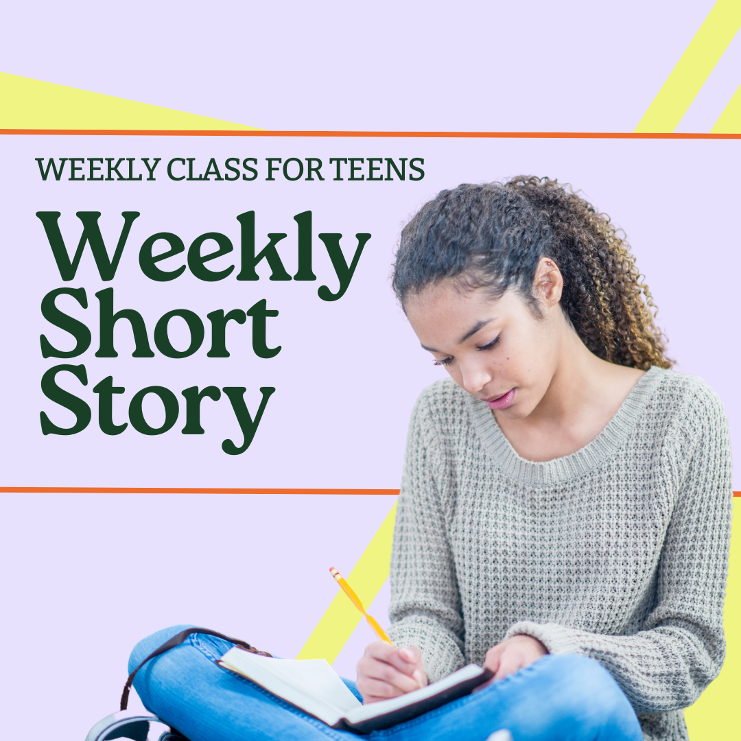 Young girl writing in a notebook, sitting on a blue backpack, with pastel-colored background and text about weekly class for teens, weekly short story.