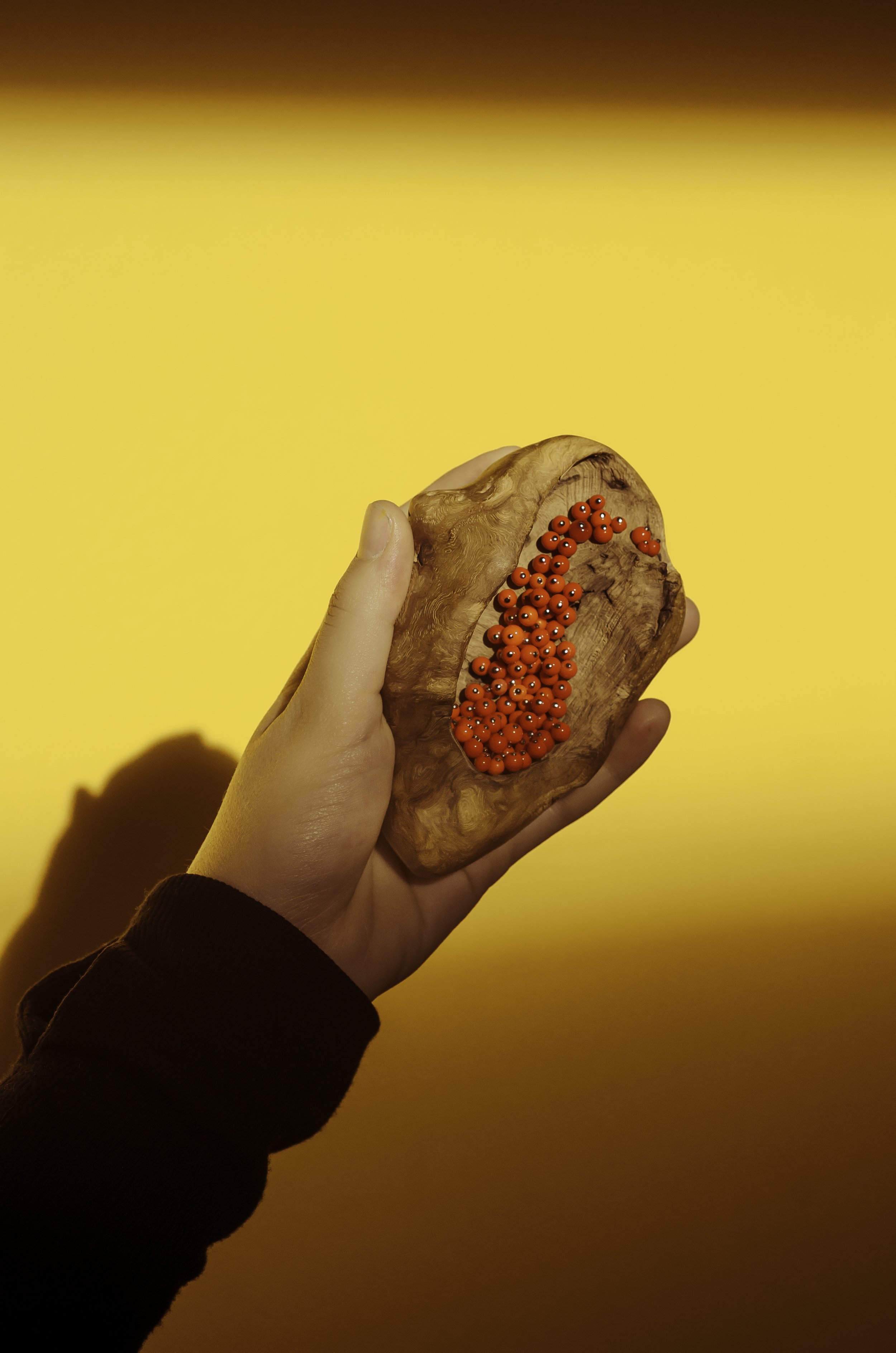 Hello, is this your house? - walnut wood burl, glass seeds, steel, 11 x 2 x 8cm