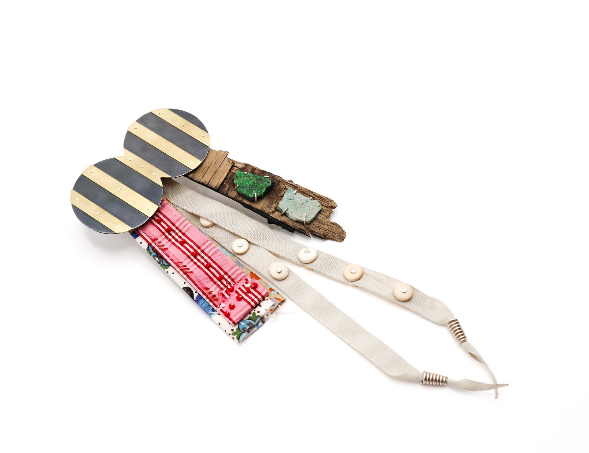 Mrs. Personality (brooch) - sterling silver, brass, cotton, natural stones, plywood, 10 x 2 x 26cm