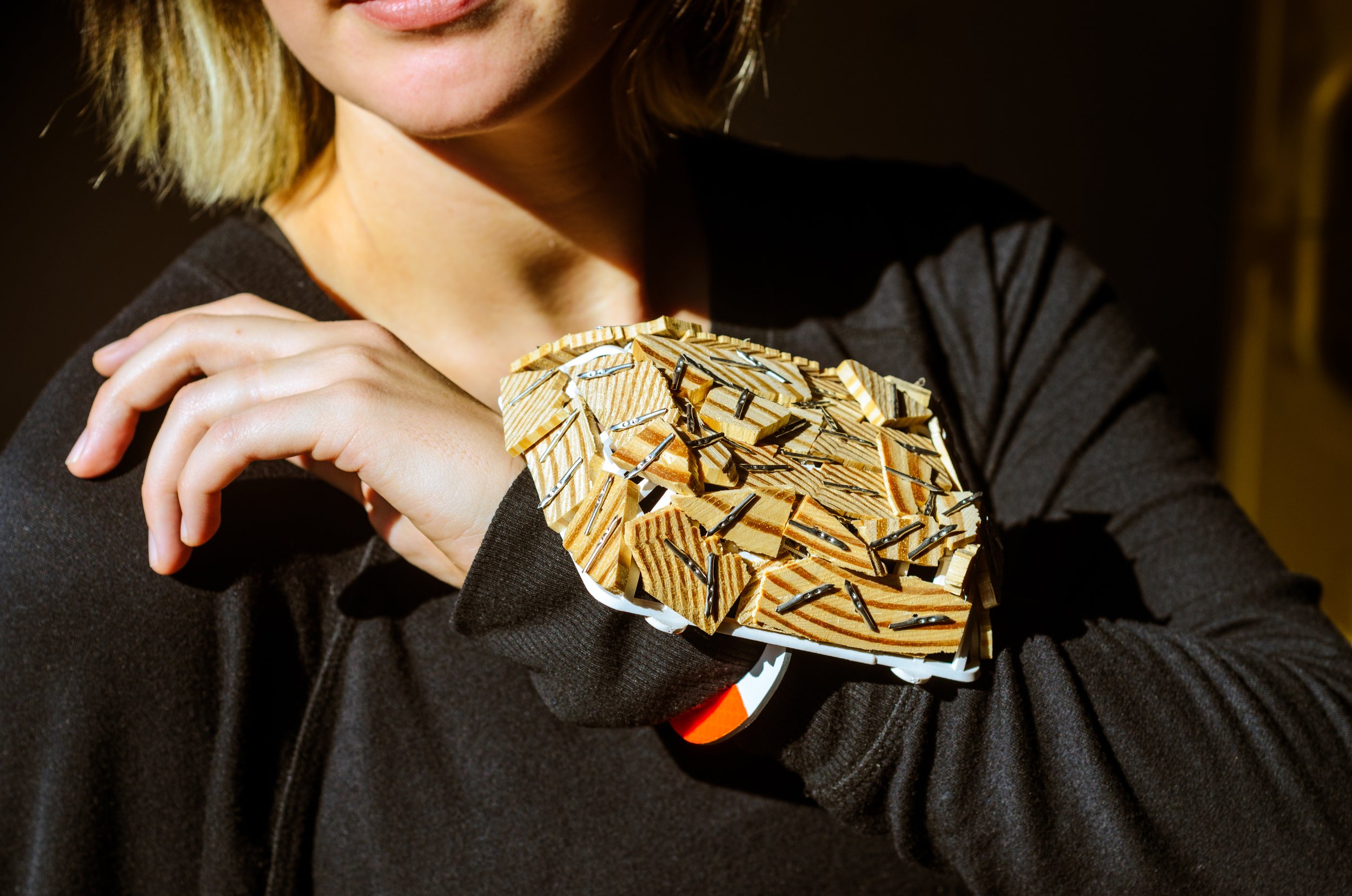On adorning - wood scraps, sterling silver, steel, nylon, Richmond aluminum