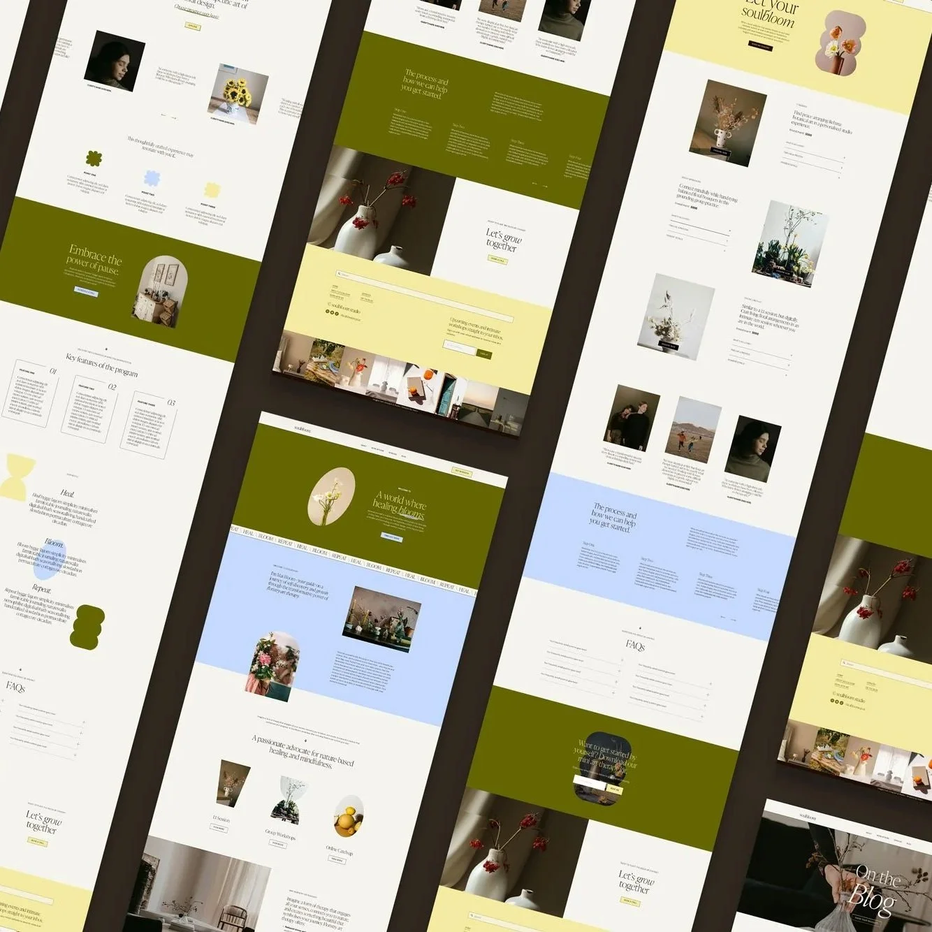 Soulbloom website template page previews showing service, blog and content layouts for creative businesses.