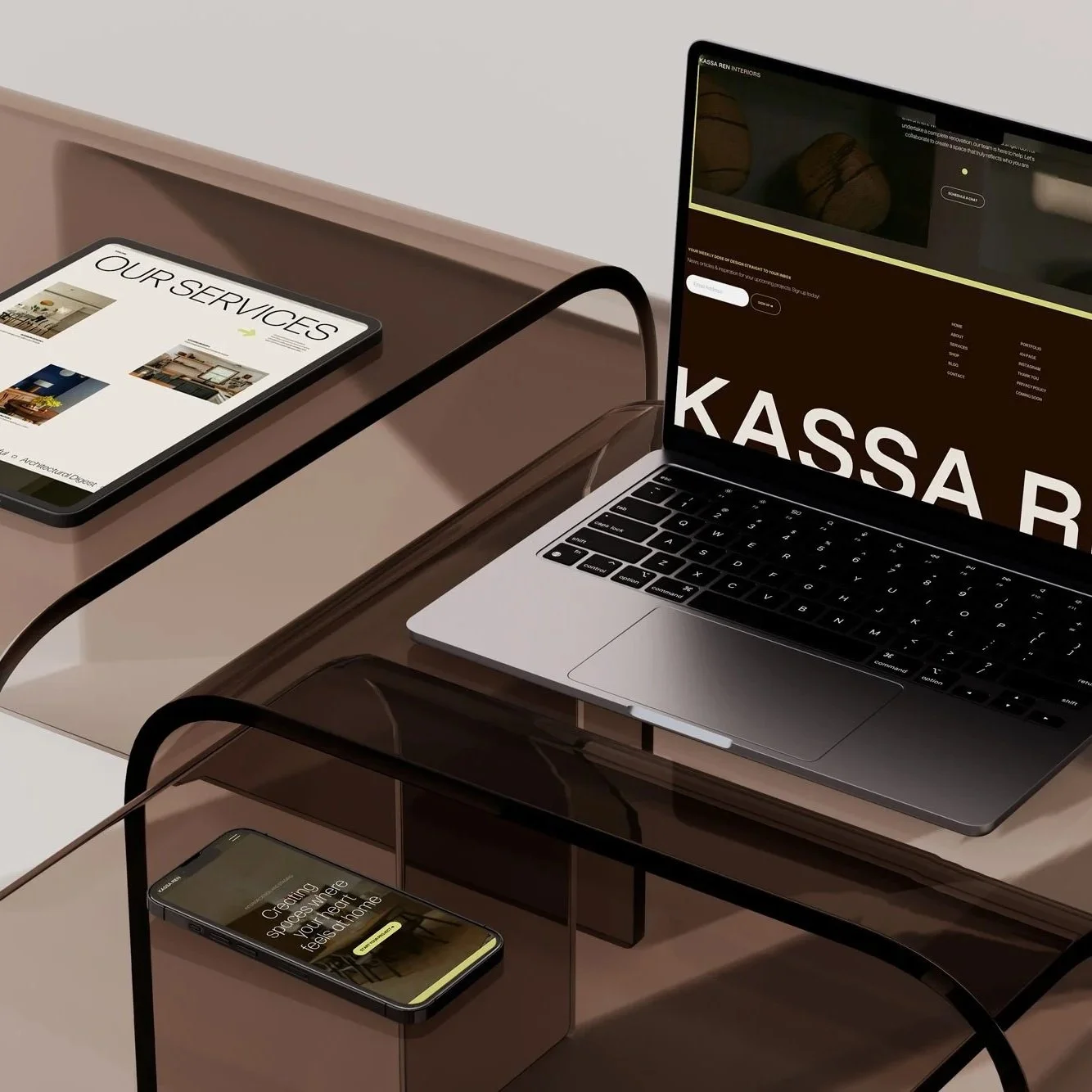Kassa template on a laptop, tablet and mobile phone setup