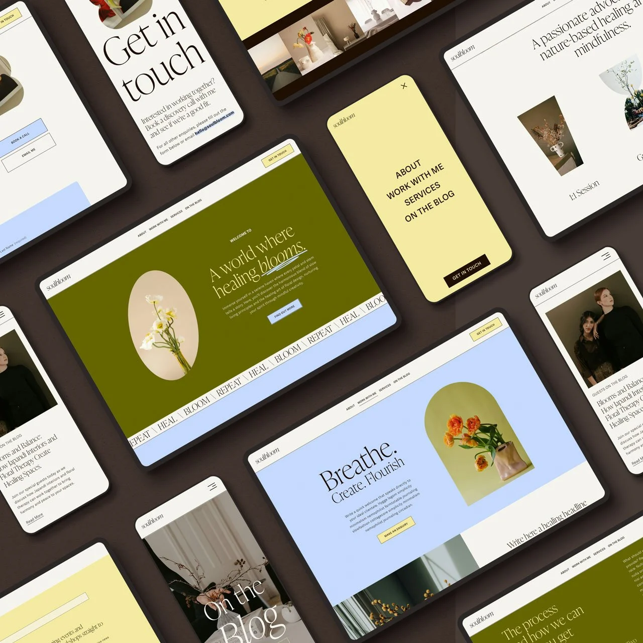 Soulbloom website template page previews showing service, blog and content layouts for creative businesses.