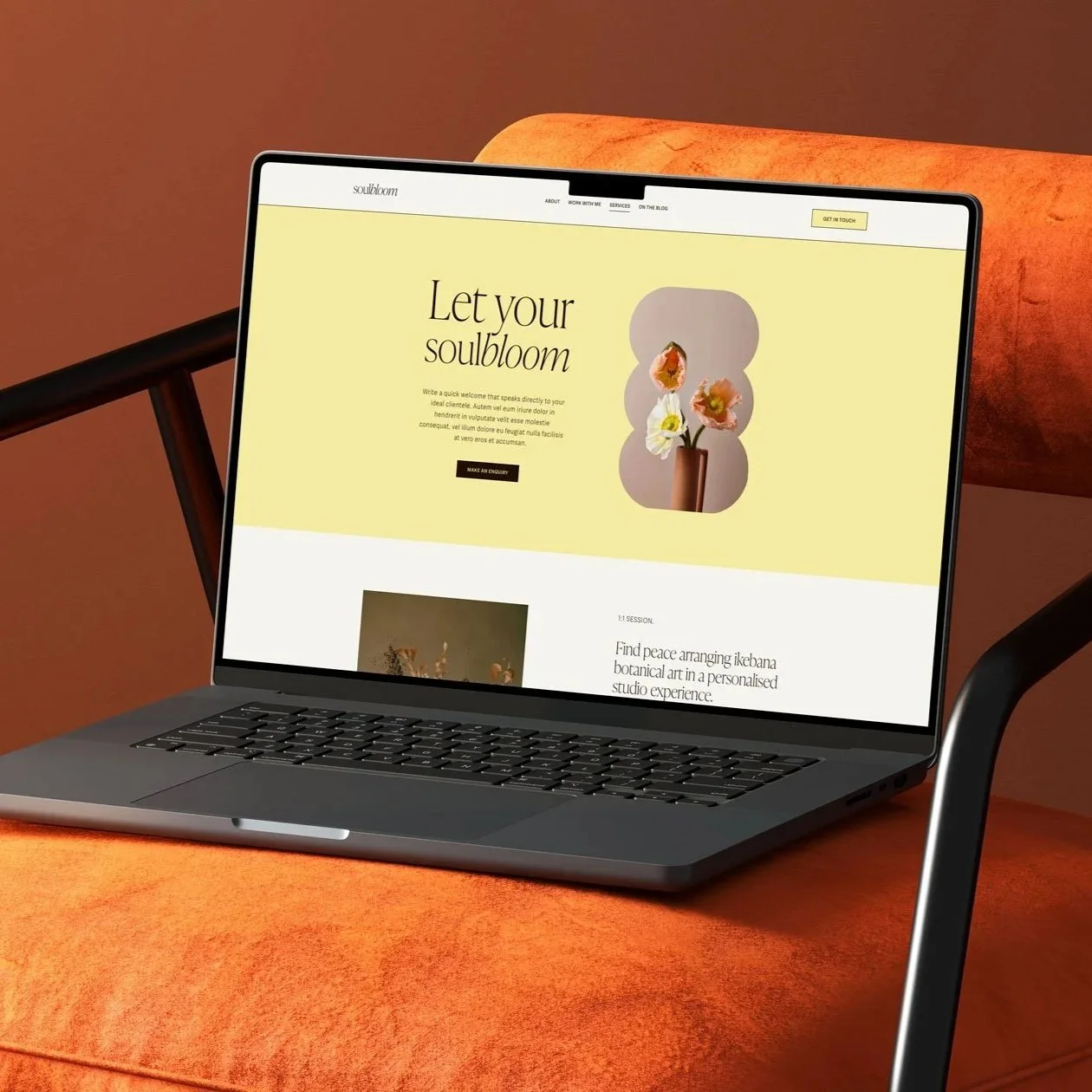 Soulbloom website template homepage mockup displayed on a laptop with soft typography and personality-led design.