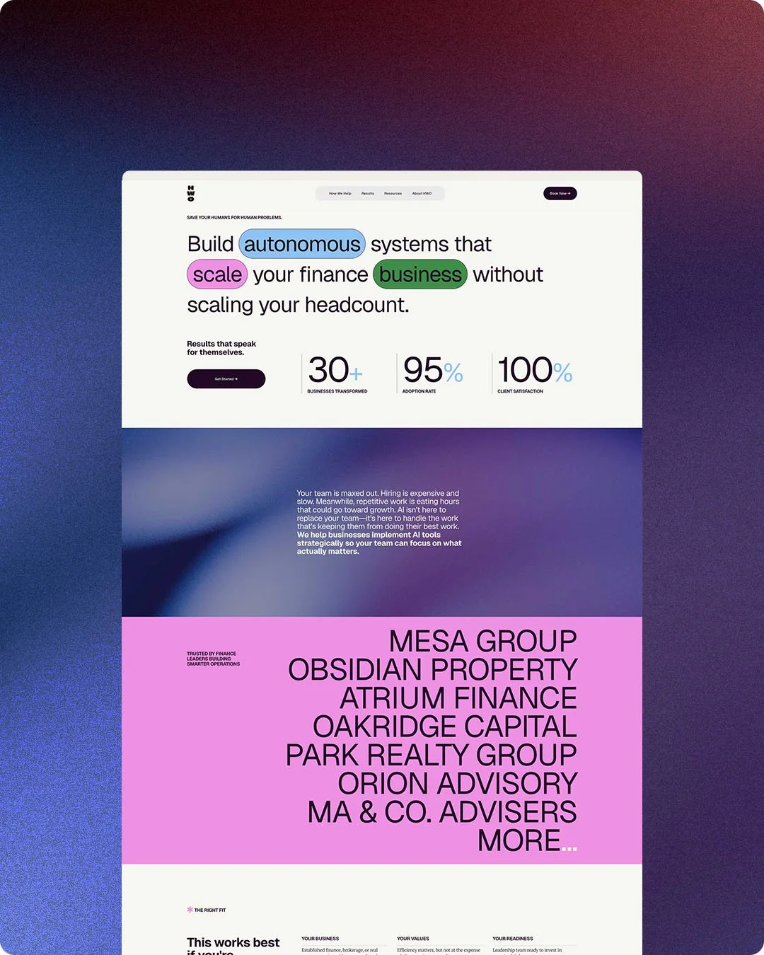A website homepage with the headline 'Build autonomous systems that scale your finance without scaling your headcount.' highlighted words include 'autonomous' in blue, 'scale' in pink, and 'business' in green. The page features statistics like '30+ business transformed,' '95% adoption rate,' and '100% client satisfaction.' There is a navigation menu at the top, a 'Get Started' button, and a section with purple background listing various company names and phrases.