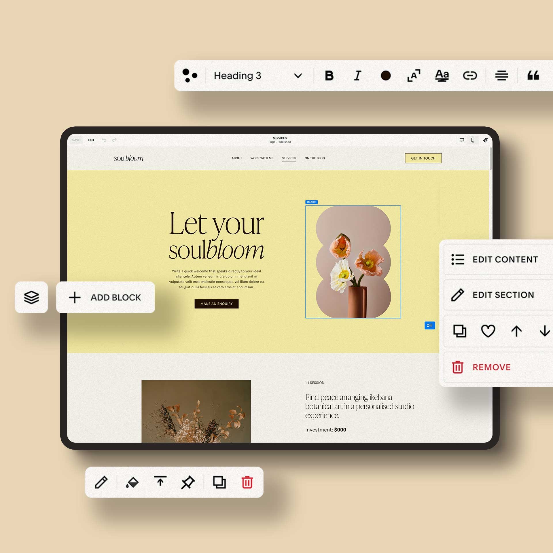 soulbloom template shown on laptop with different customisation tools
