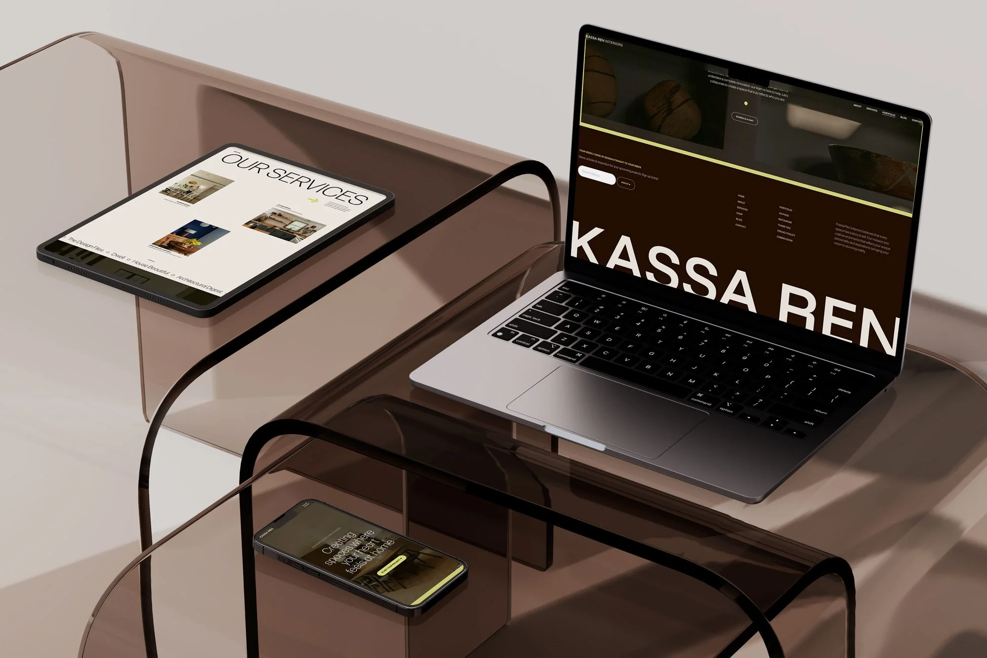 Kassa website template mockup displayed across laptop, tablet and mobile screens for a portfolio-led service business.