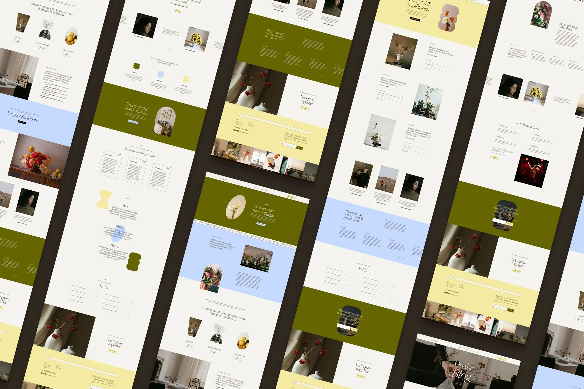 Soulbloom website template page previews showing service, blog and content layouts for creative businesses.