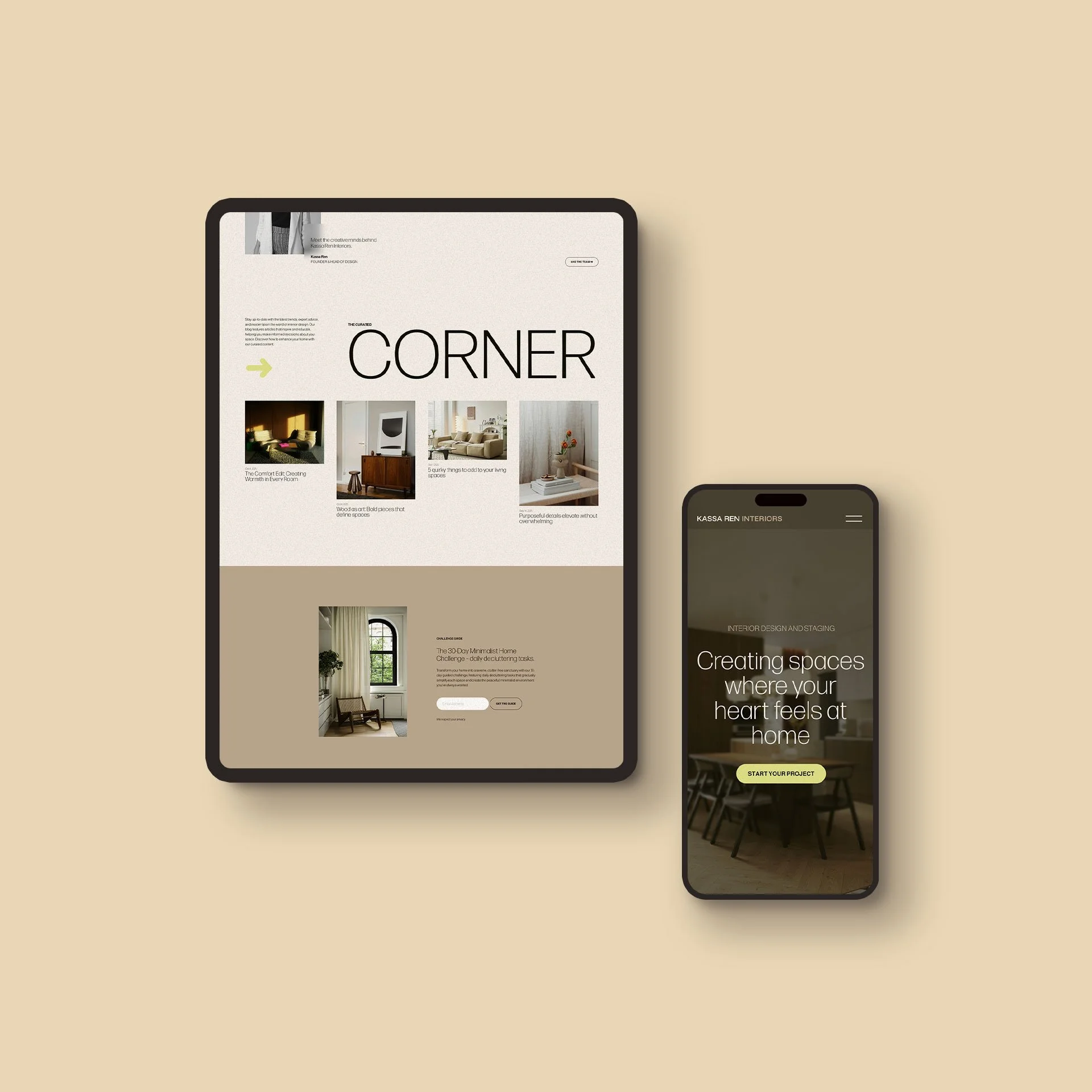 Kassa Squarespace template mockup shown on tablet and mobile screens with an editorial interior design layout.