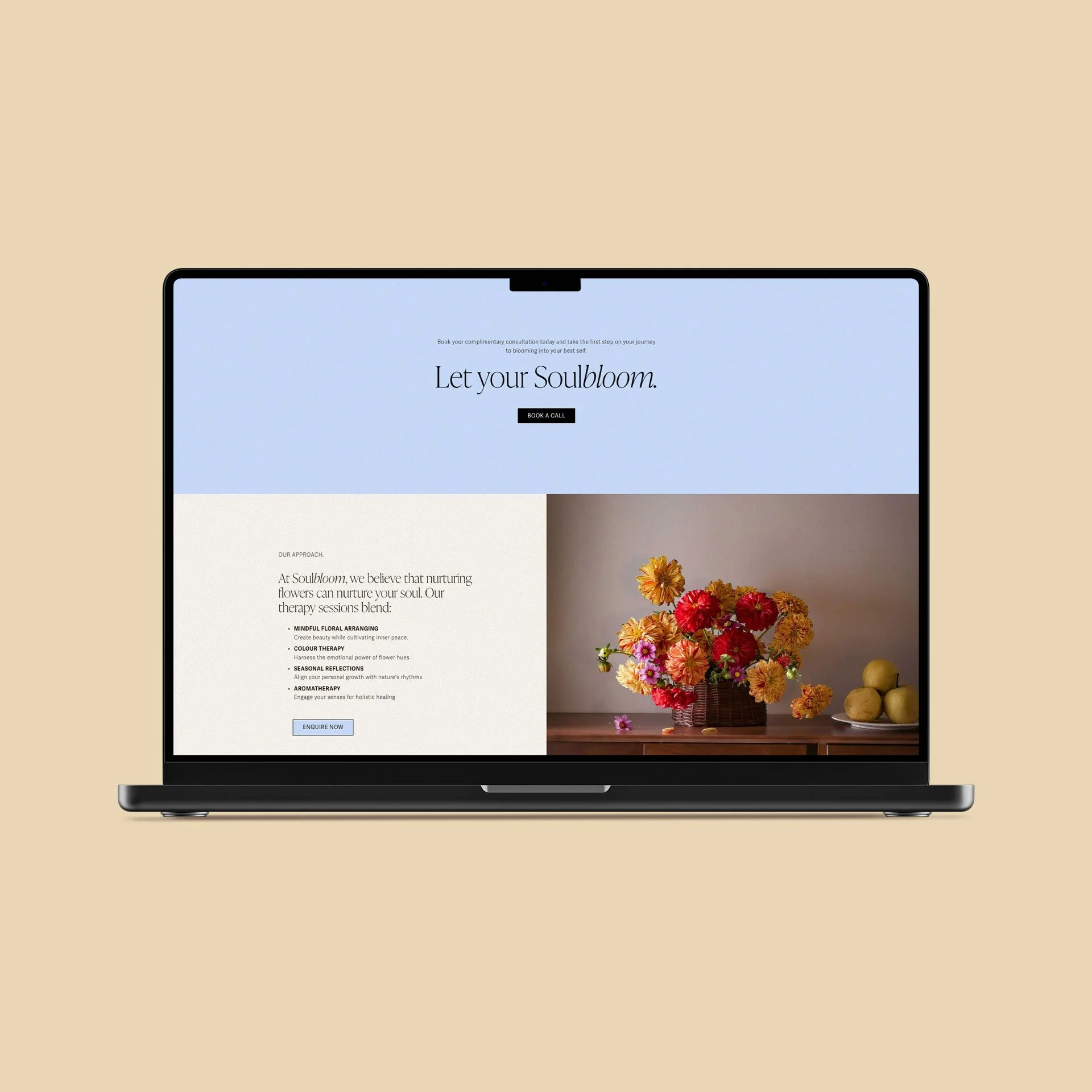 Soulbloom Squarespace template homepage mockup displayed on a laptop with soft colours and floral imagery.