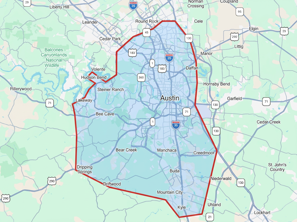 Map of Austin, Texas, showing city boundaries and major roads, with nearby towns and natural landmarks.