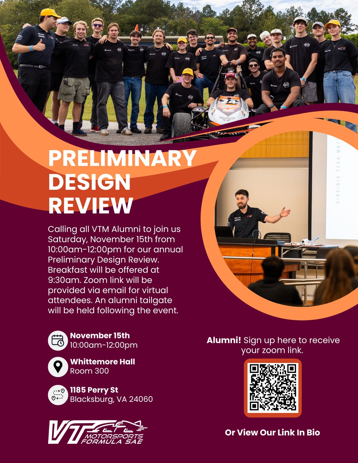 VT Motorsports Alumni!
Ready to bring your experience back to the Ware Lab?

Join us for our Preliminary Design Review on Nov 15th, 10 a.m.&ndash; 12 p.m. in Whittemore 300, or sign up for our Alumni Newsletter to attend virtually! 

Check the link i