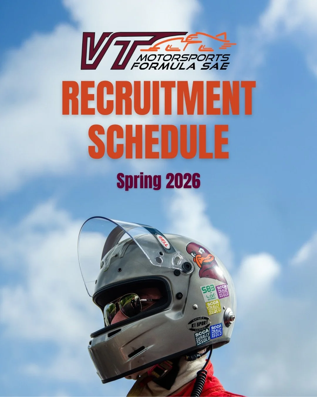 The 2026 spring recruitment season is here!
Join us for our kickoff meeting on February 4th and fill out the interest form in our bio.

Your career in racing starts with VT Motorsports.