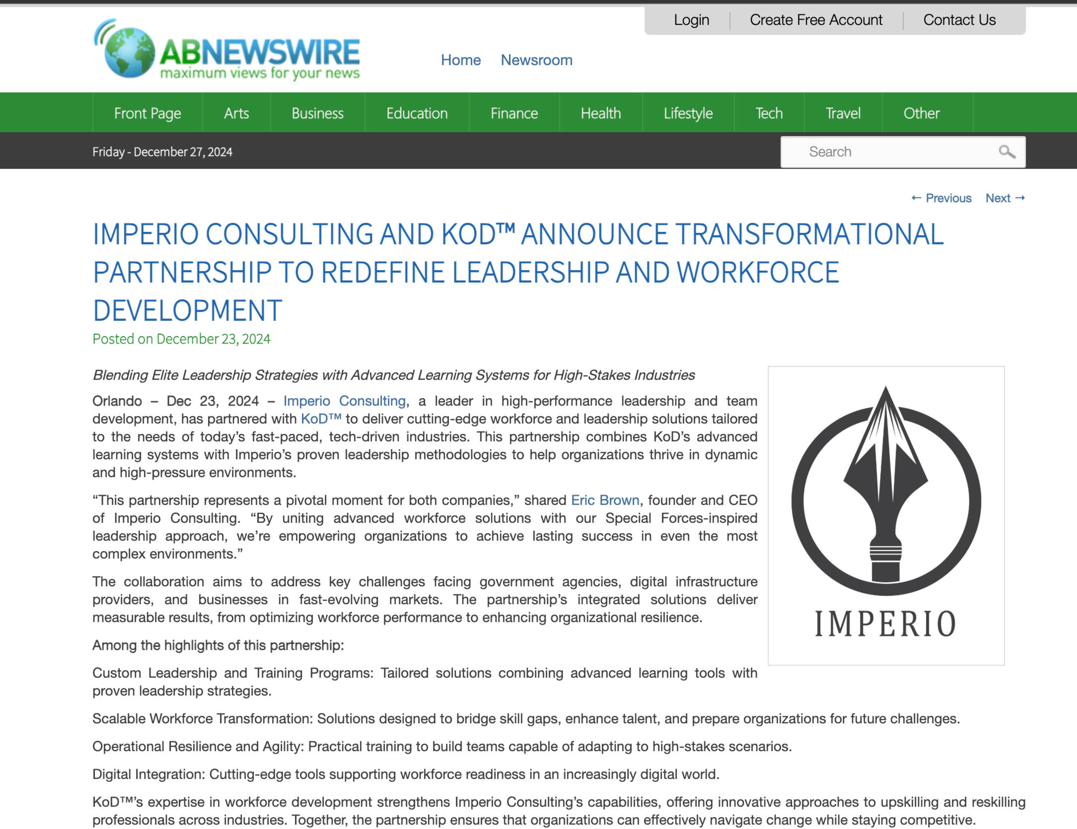 Screenshot of Imperio Consulting Press Release on AB News Wire