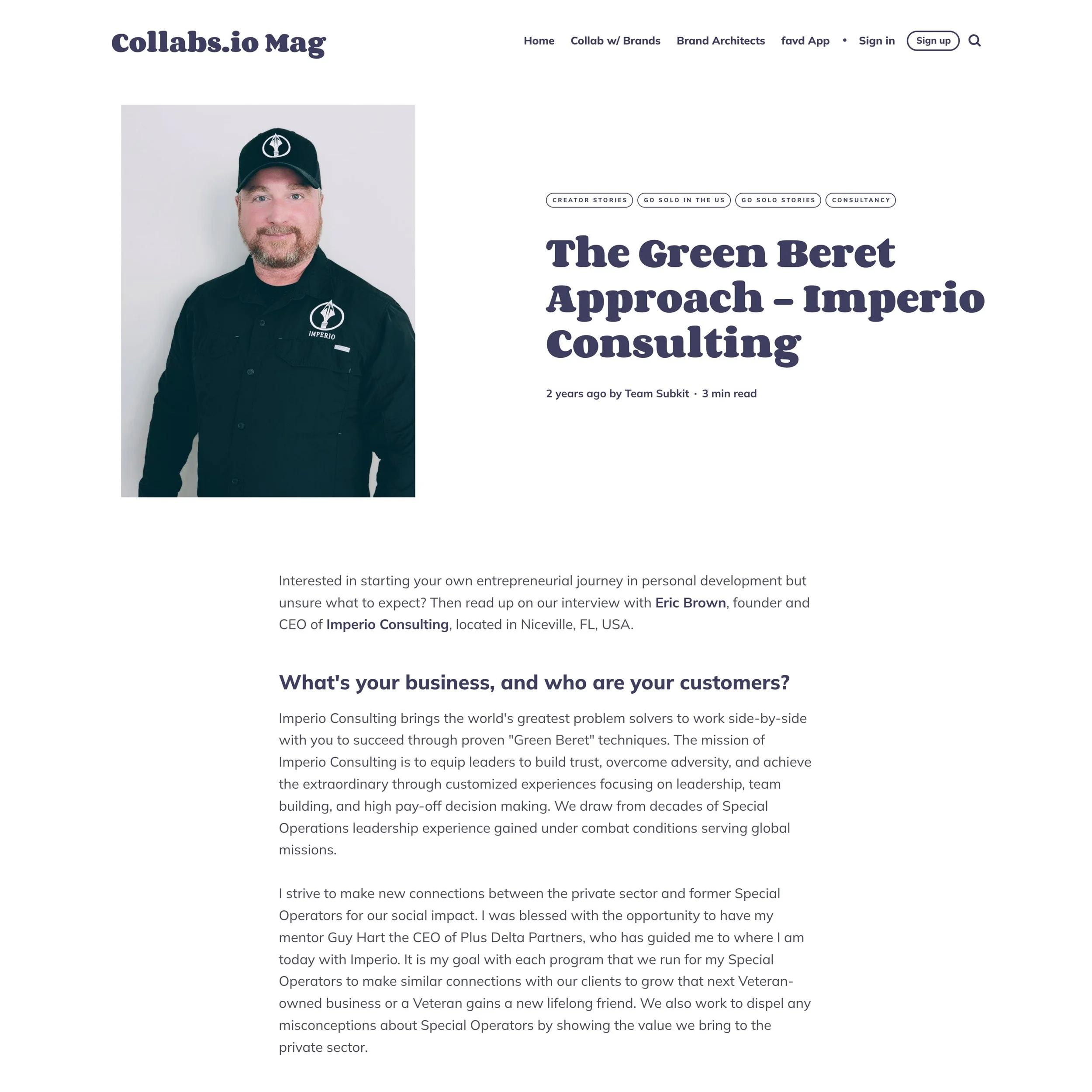 Screenshot of Imperio Consulting on Collabs IO Magazine