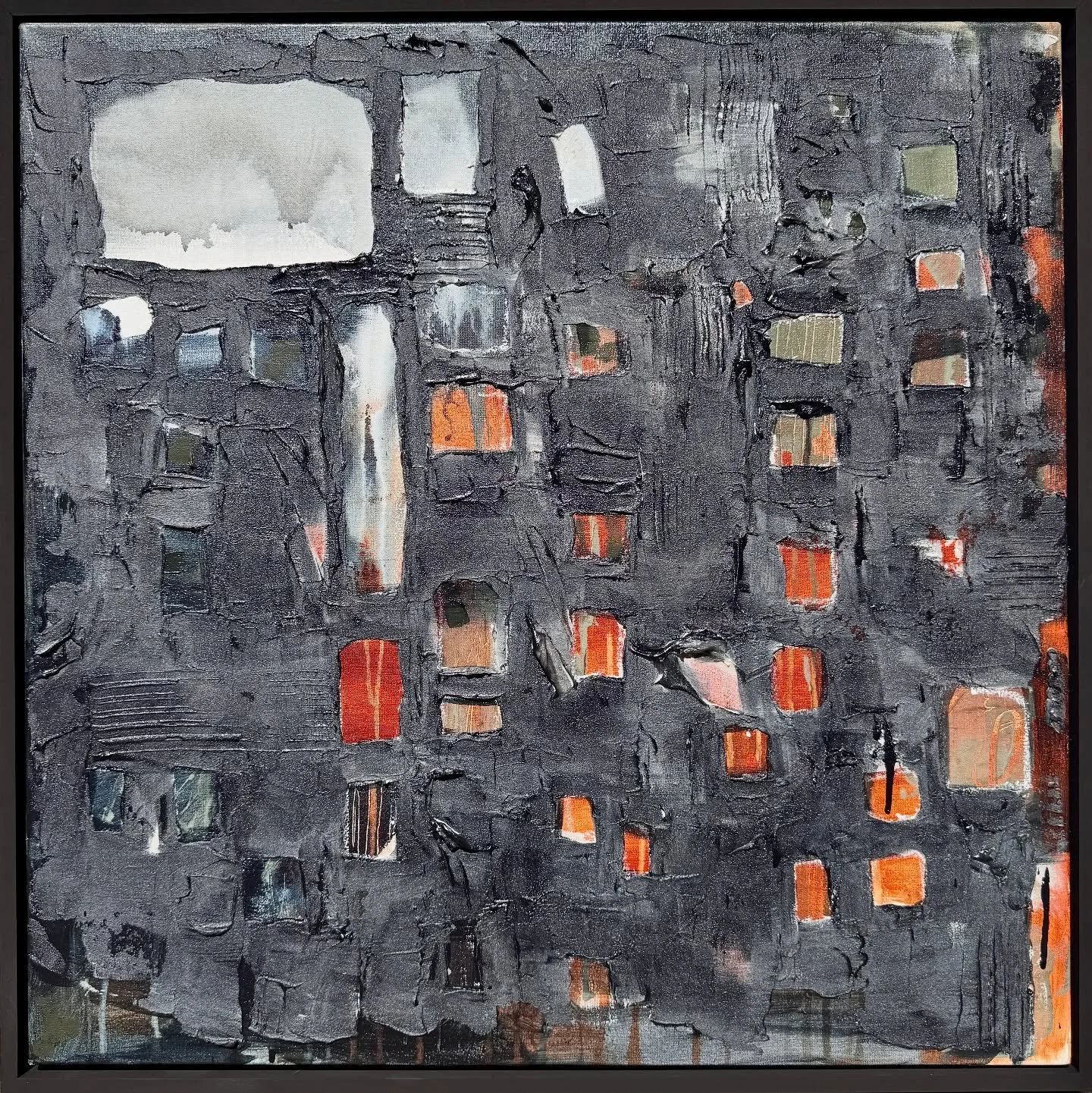 Inverting the atmosphere and dominant color in this version changes the entire mood and weight of the piece. ◼️
This iteration is dark, mysterious, brooding and heavy. ▪️
Still composing an architectural but disorganized grid- familiar and unsettling