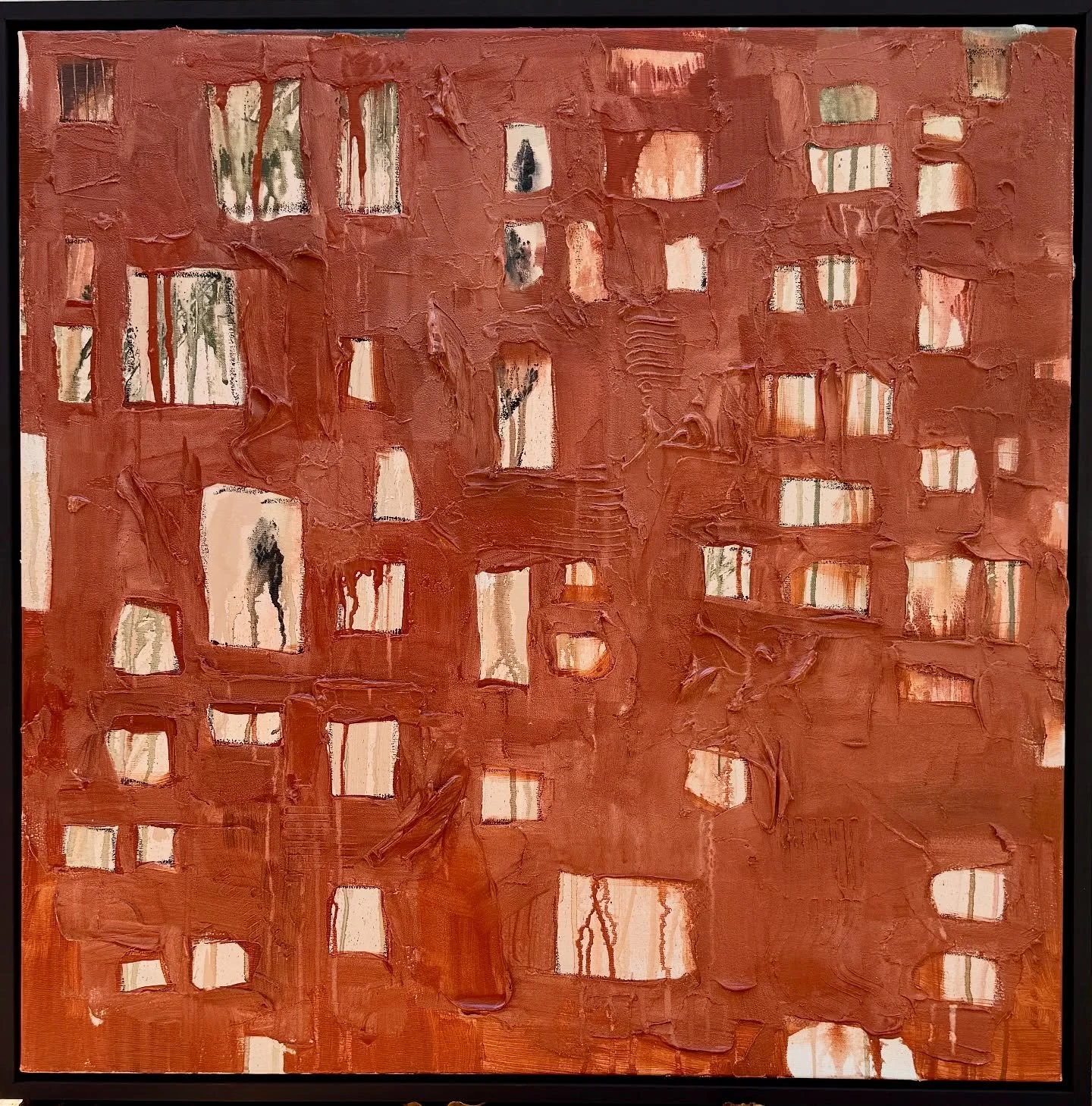 Architectural abstract in rich textured reddish, rusty terracotta browns. Tactile surface suggests weathered brick or mud. Blurring lines between structure and nature. 

#architecturalabstract #abstractexpression #tactileart #impasto