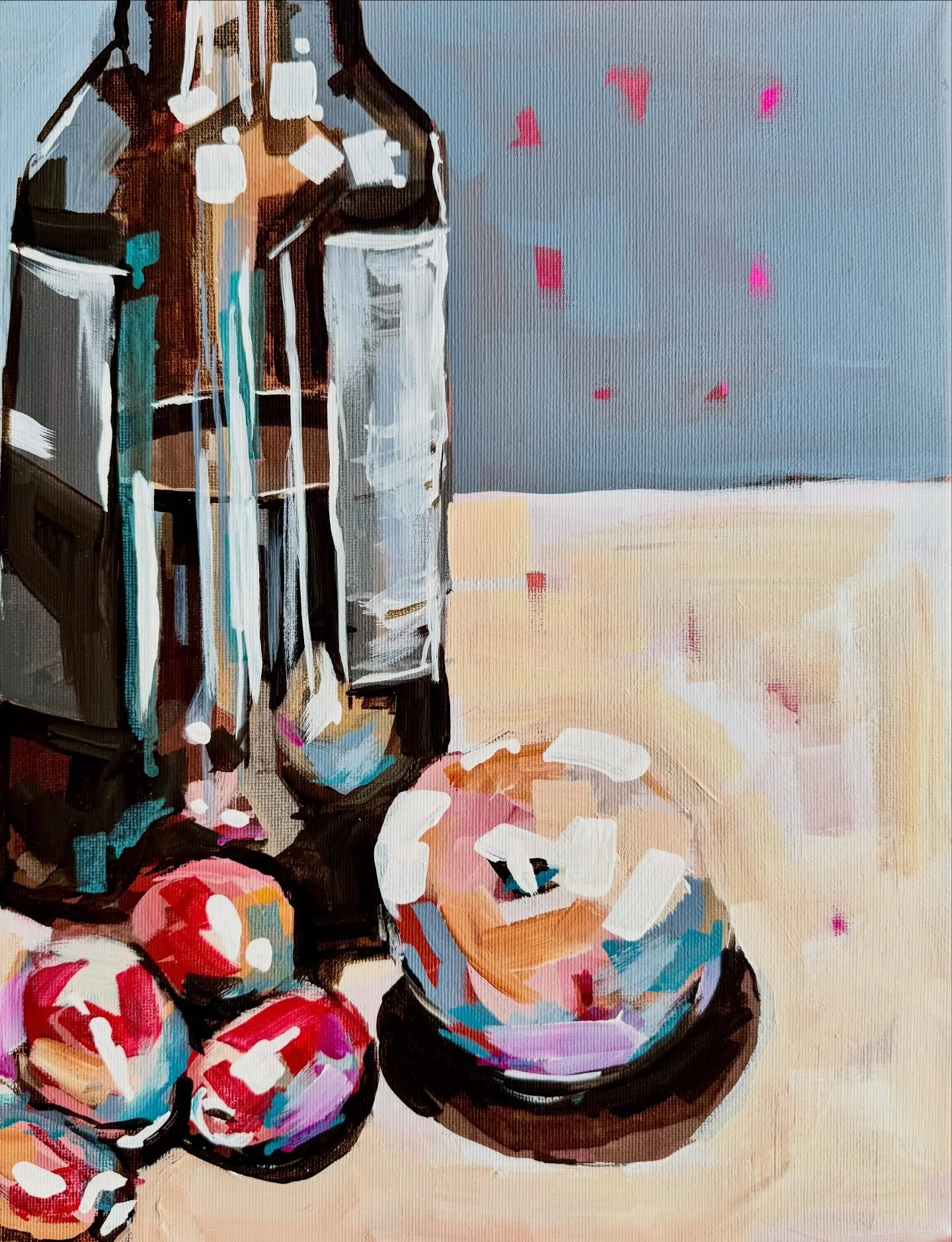 ~was inspired by the Impressionist exhibit at @fristartmuseum and tried my own still life~ 

Not sure Monet and Renoir drank Aldi wine. And the onion looks more like an apple. But I bet they&rsquo;d get it. 

Wine 1/2 drunk. We trashed it after paint