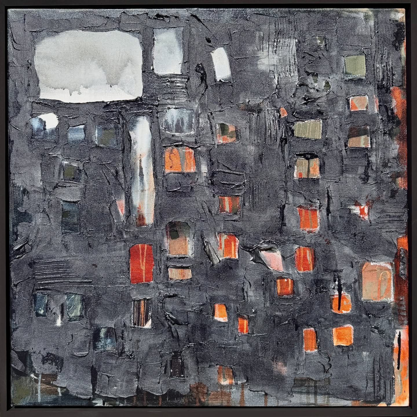 Inverting the atmosphere and dominant color in this version changes the entire mood and weight of the piece. ◼️
This iteration is dark, mysterious, brooding and heavy. ▪️
Still composing an architectural but disorganized grid- familiar and unsettling