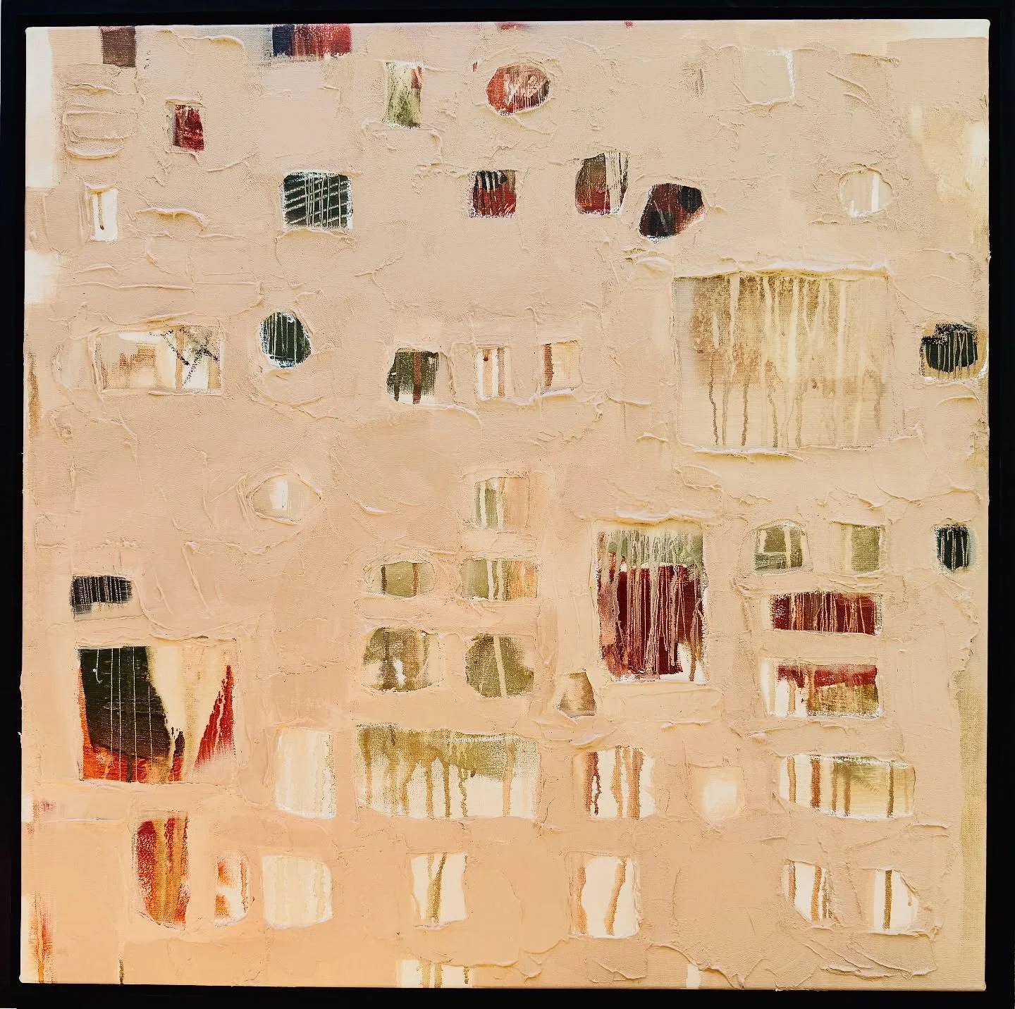 Highly textured monochromatic palette of beige, cream, greens and tans. Heavy impasto texture was applied thick to imply stucco or peeling plaster against an earthy natural surface. Meant to evoke a sense of weathered and distressed architecture. 

U